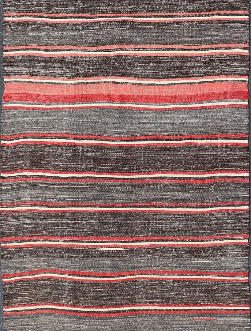 Vintage Turkish Kilim Wide Runner in Gray, Coral, Brown & Charcoal with Stripes. Turkish Kilim vintage runner with stripes in brown, gray, coral, charcoal, rug EN - 1184, country of origin / type: Turkey / Kilim, circa mid - 20th century Woven d... - Keivan Woven ArtsEN - 1184 - 15310Rug