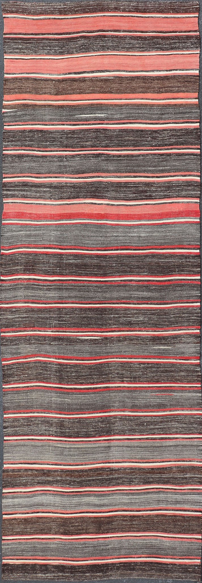 Vintage Turkish Kilim Wide Runner in Gray, Coral, Brown & Charcoal with Stripes. Turkish Kilim vintage runner with stripes in brown, gray, coral, charcoal, rug EN - 1184, country of origin / type: Turkey / Kilim, circa mid - 20th century Woven d... - Keivan Woven ArtsEN - 1184 - 15310Rug