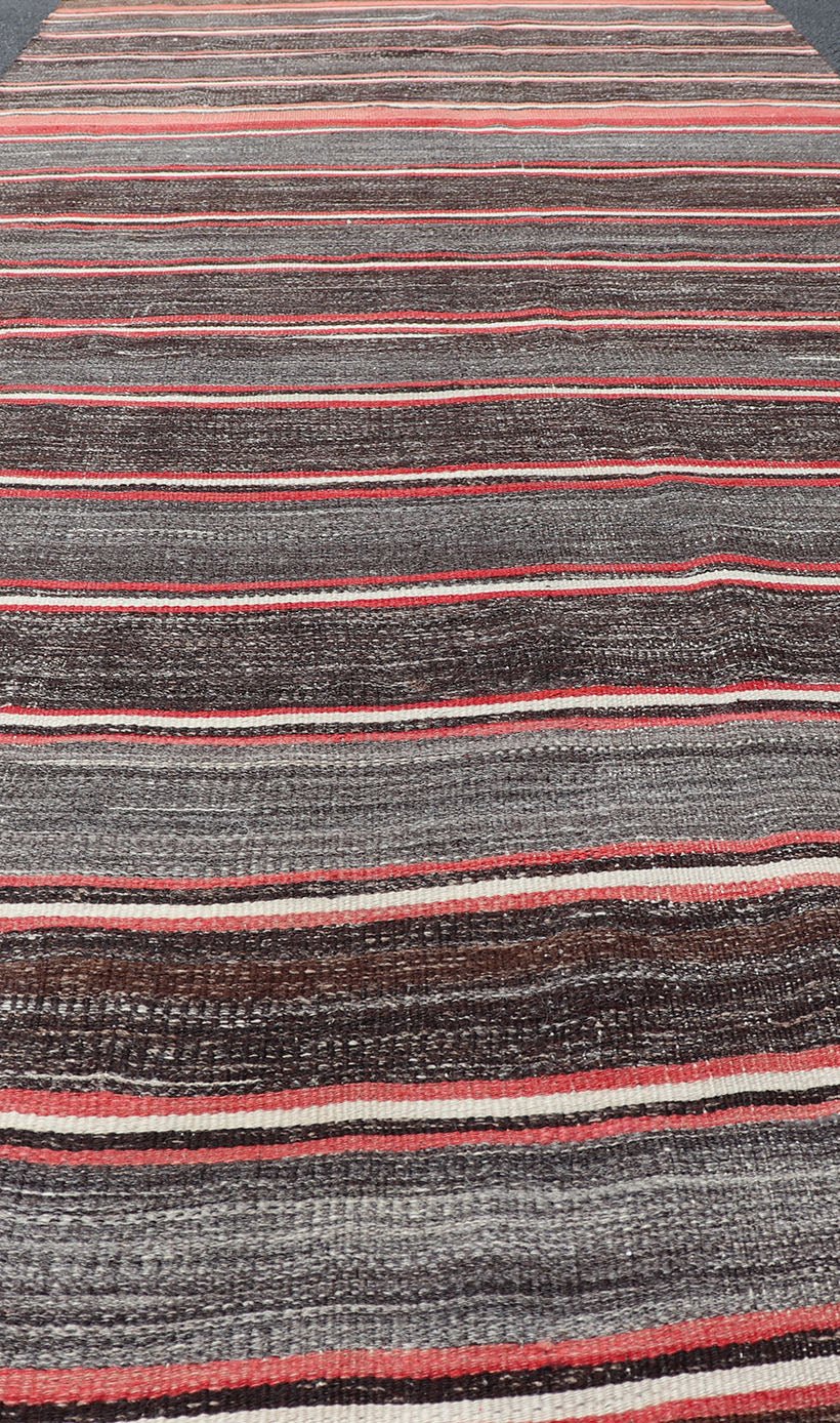 Vintage Turkish Kilim Wide Runner in Gray, Coral, Brown & Charcoal with Stripes. Turkish Kilim vintage runner with stripes in brown, gray, coral, charcoal, rug EN - 1184, country of origin / type: Turkey / Kilim, circa mid - 20th century Woven d... - Keivan Woven ArtsEN - 1184 - 15310Rug