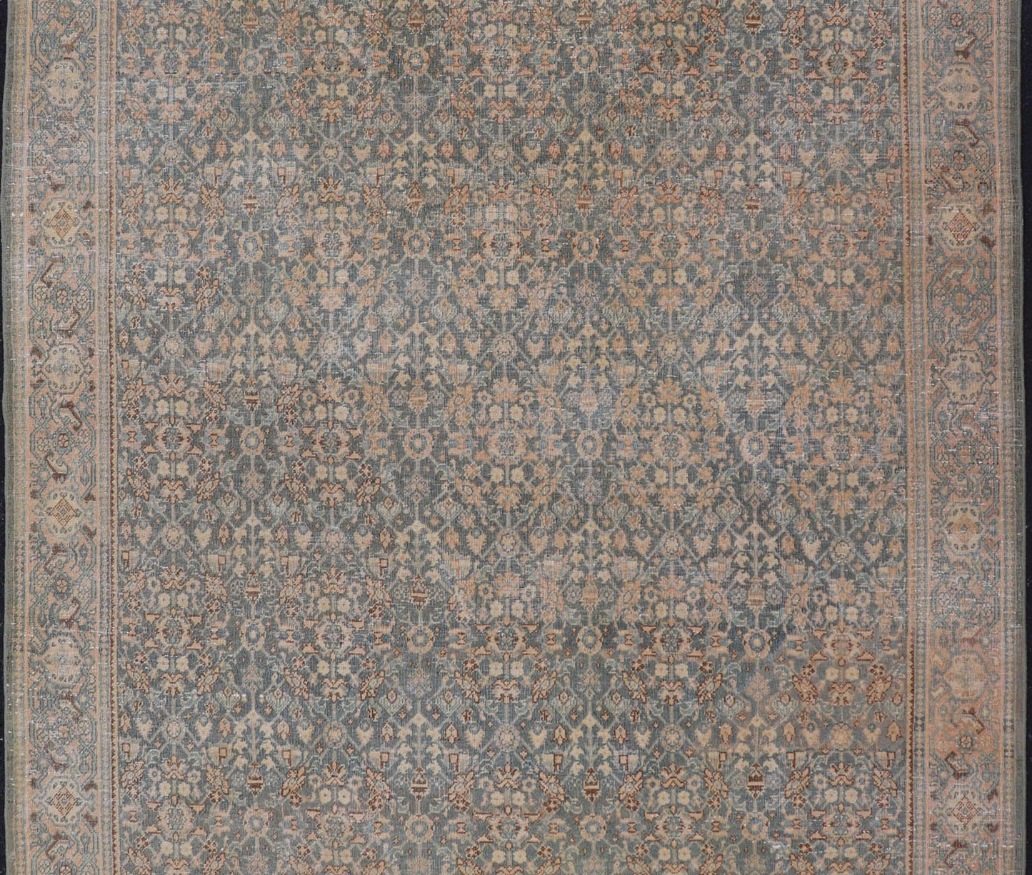 Light Blue/Gray Background Persian distressed Tabriz Rug with All - Over Herati Design. distressed antique rug, antique distressed rug, antique distressed Persian rug. Distressed antique Tabriz Light Green background Persian Tabriz rug with free ... - Keivan Woven ArtsEN - 121 - 14142Rug