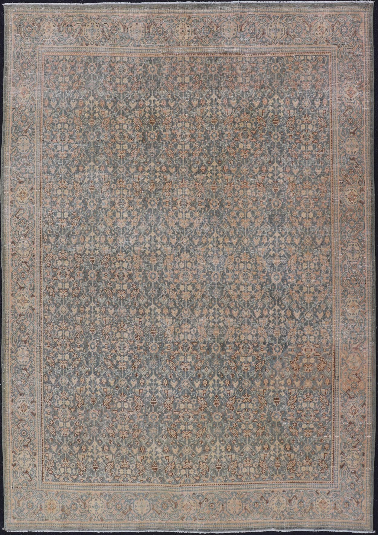 Light Blue/Gray Background Persian distressed Tabriz Rug with All - Over Herati Design. distressed antique rug, antique distressed rug, antique distressed Persian rug. Distressed antique Tabriz Light Green background Persian Tabriz rug with free ... - Keivan Woven ArtsEN - 121 - 14142Rug