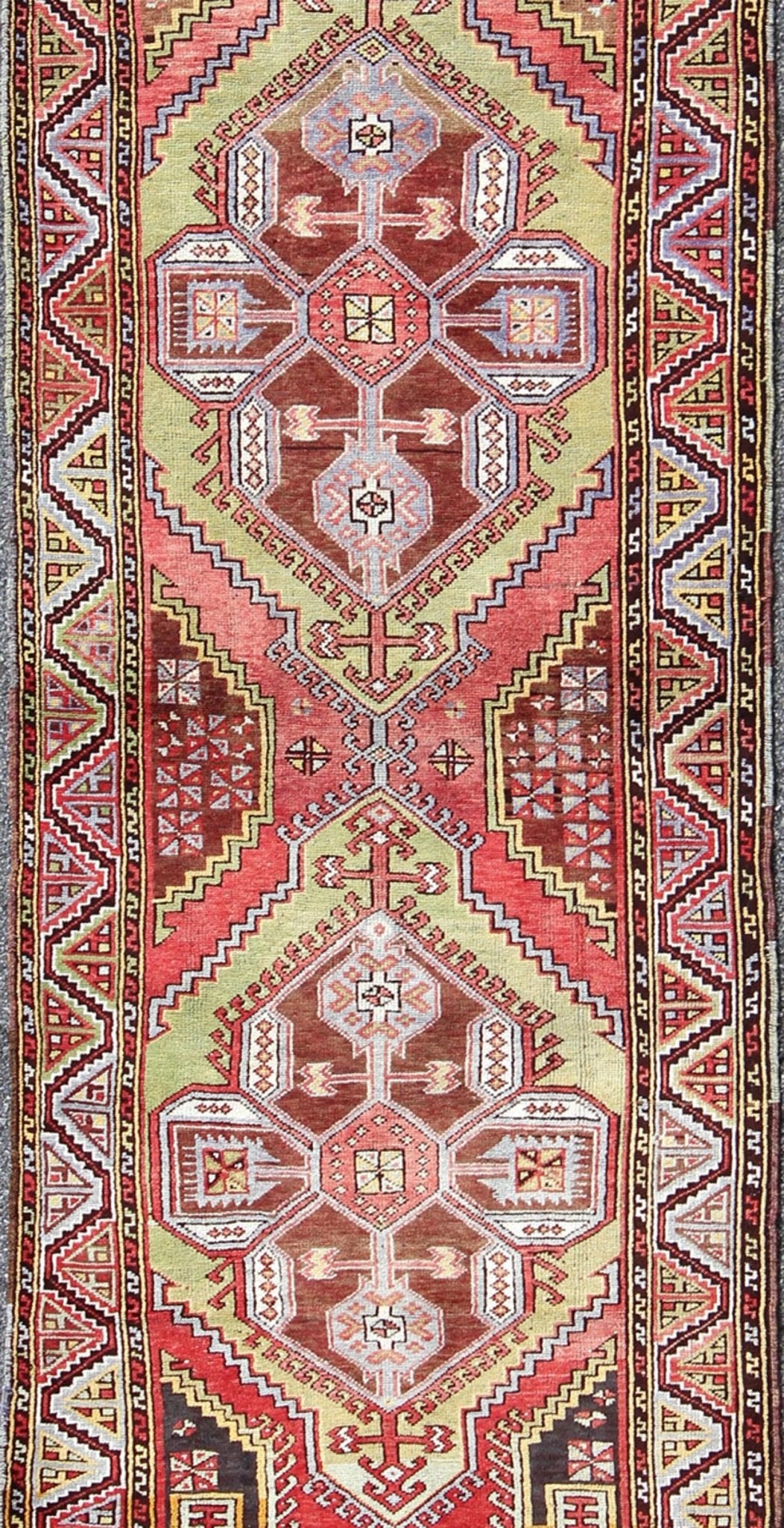 Vintage Turkish Medallion Gallery Runner Feat. Large Medallions in Spring Colors Measures: 3'7 x 10'10 This vintage (circa 1940's) Turkish Oushak gallery runner features bright, vibrant spring colors, such as rose red, grassy green, lave... - Keivan Woven ArtsEN - 123904 - 5528Rug