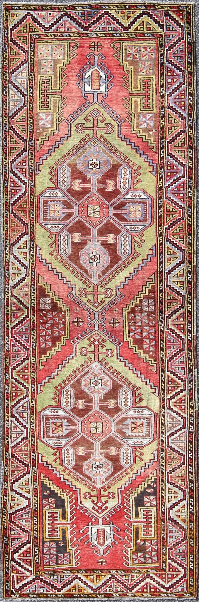 Vintage Turkish Medallion Gallery Runner Feat. Large Medallions in Spring Colors Measures: 3'7 x 10'10 This vintage (circa 1940's) Turkish Oushak gallery runner features bright, vibrant spring colors, such as rose red, grassy green, lave... - Keivan Woven ArtsEN - 123904 - 5528Rug