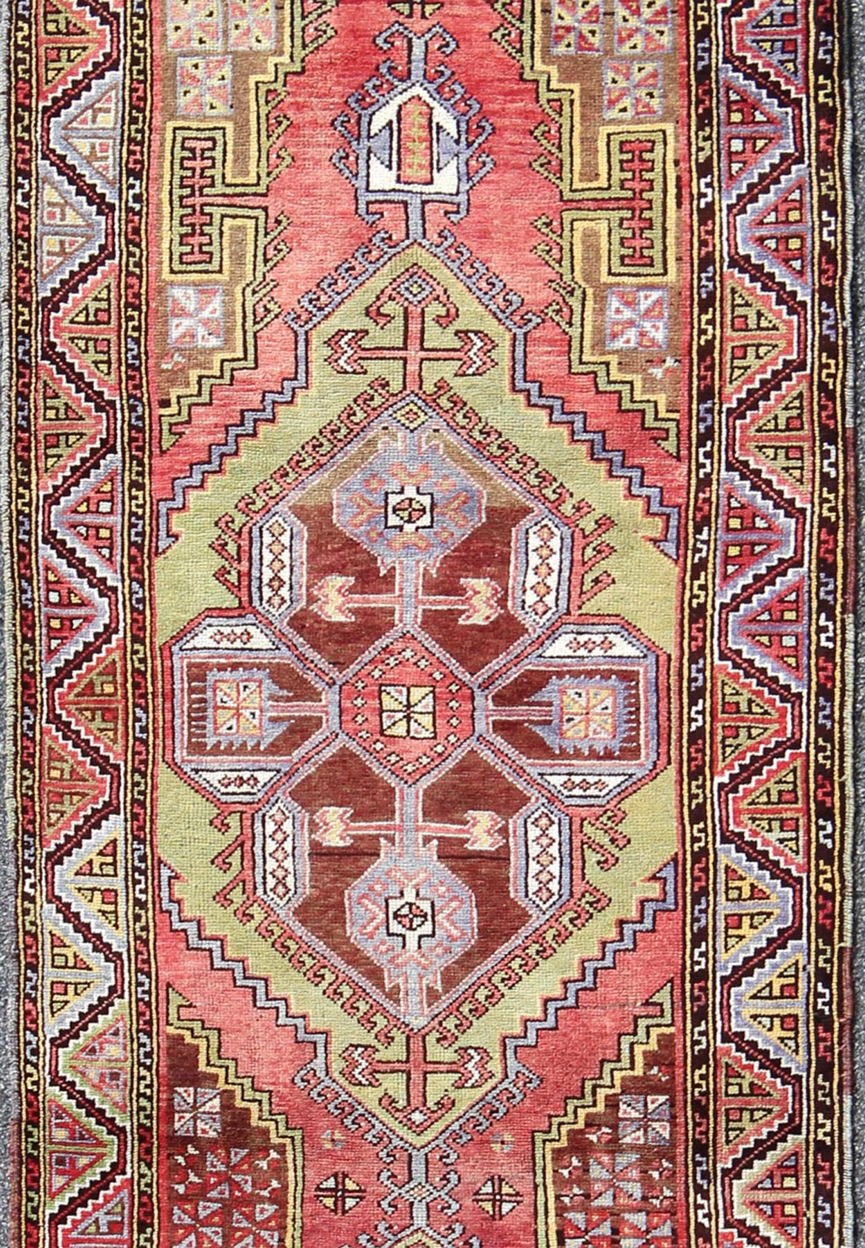 Vintage Turkish Medallion Gallery Runner Feat. Large Medallions in Spring Colors Measures: 3'7 x 10'10 This vintage (circa 1940's) Turkish Oushak gallery runner features bright, vibrant spring colors, such as rose red, grassy green, lave... - Keivan Woven ArtsEN - 123904 - 5528Rug