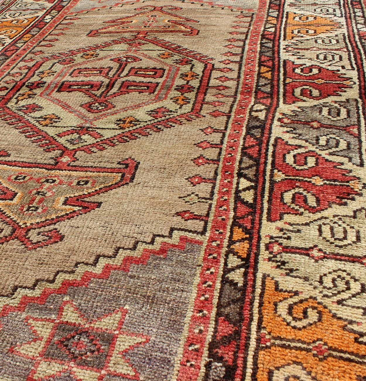Colorful Vintage Turkish Oushak Rug With Geometric Design Colorful Vintage Turkish Oushak Rug With Geometric Design. Oushak vintage Rug with Geometric Tribal Motifs, Keivan Woven Arts, rug/EN - 123977 origin/turkey, hand knotted wool rug. ... - Keivan Woven ArtsEN - 123977 - 6620Rug