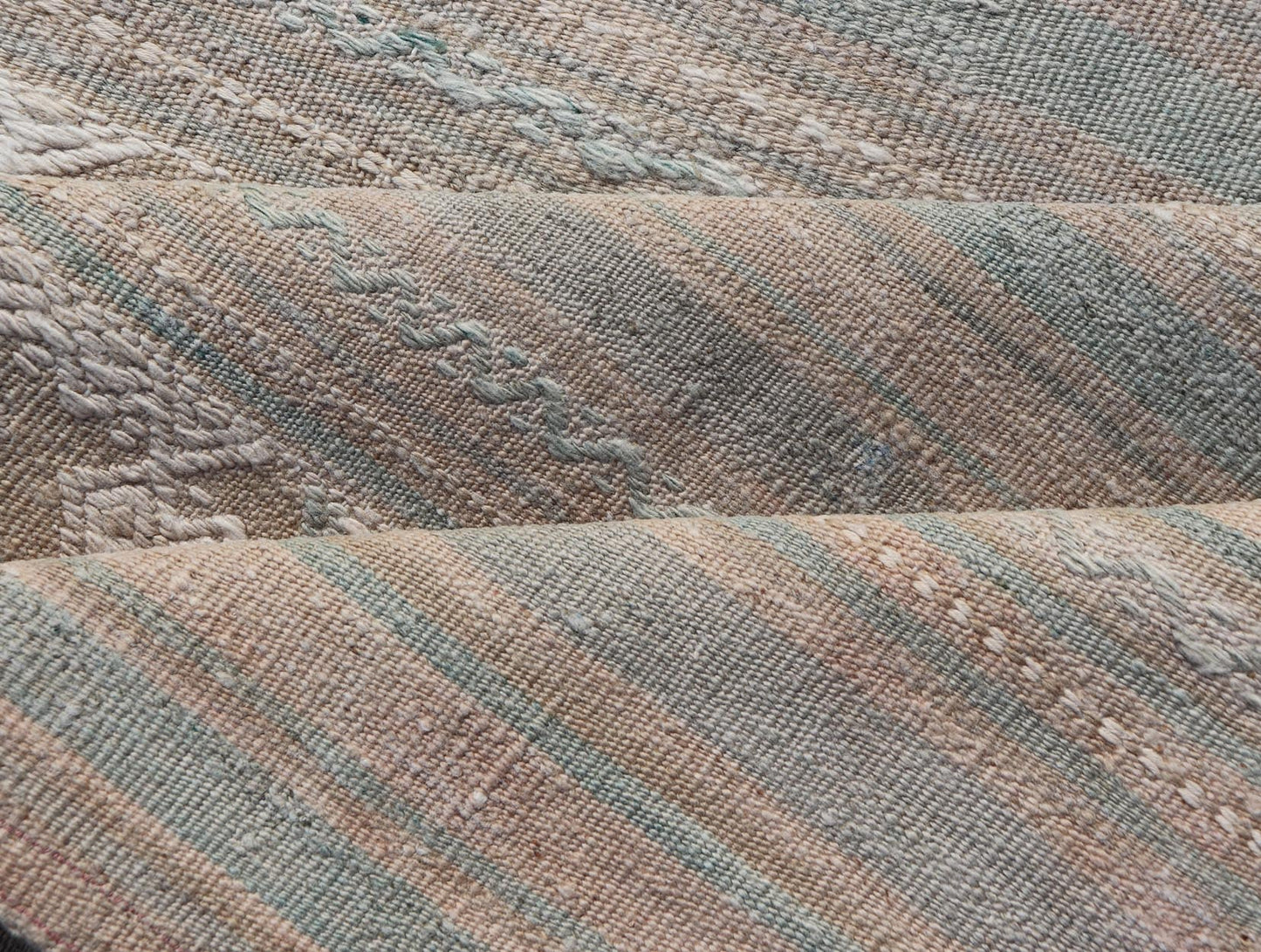 Flat - Weave Hand Woven Embroideries Kilim in Taupe, Blue, Tan, and Brown Vintage flat - weave Kilim with embroideries with a modern design in tan, brown, green and blue geometric stripe design Vintage Kilim from Turkey, Keivan Woven Arts / rug EN - 1... - Keivan Woven ArtsEN - 13094 - 18794Rug