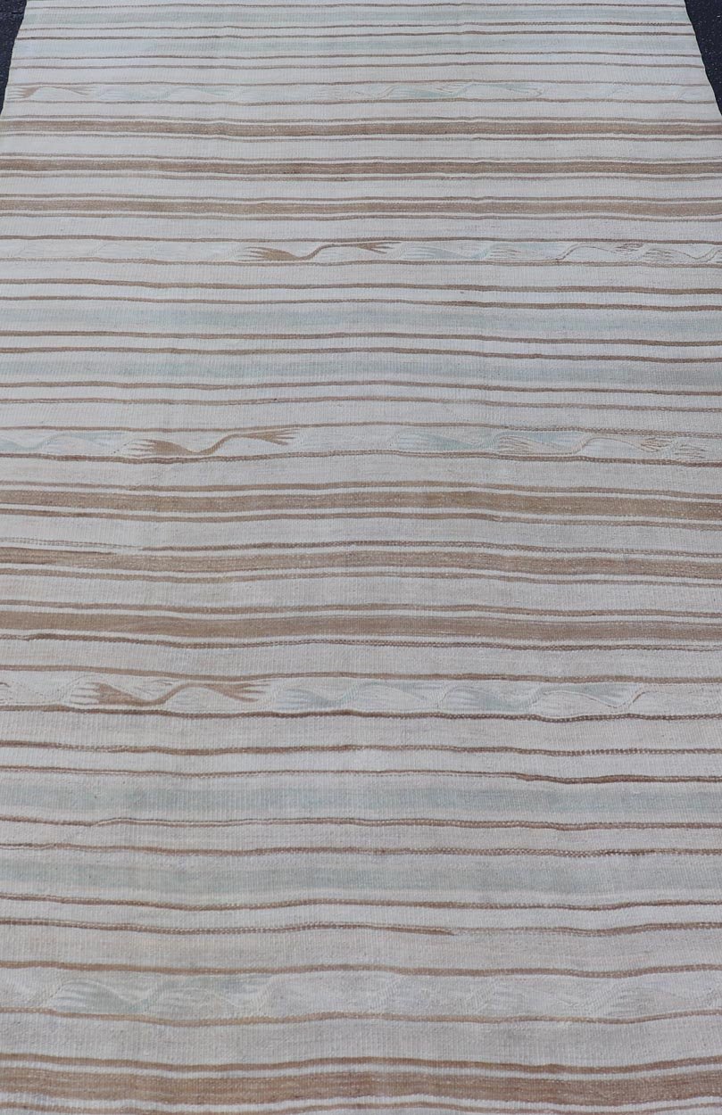 Vintage Turkish Kilim Rug with Soft Cream and Beige Stripes - Keivan Woven ArtsEN - 13203Rug