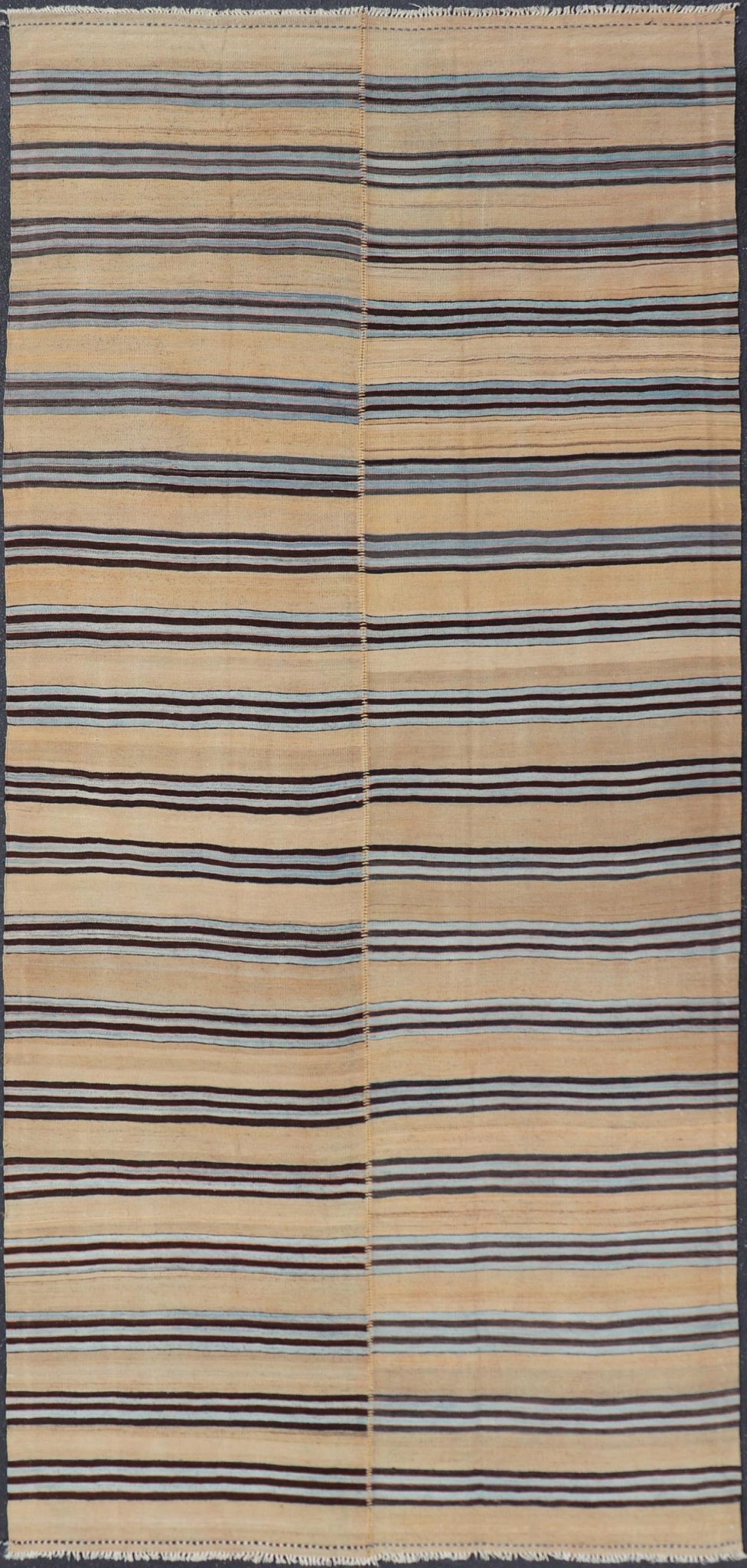 Turkish Vintage Kilim Flat - Weave Rug in Brown, Blue and Cream with Stripe Design. Keivan Woven Arts / rug EN - 13206 - 13207, country of origin / type: Turkey / Kilim, circa 1950 Measures: 5'3 x 12'4 This vintage striped design Turkish Kilim ren... - Keivan Woven ArtsEN - 13206 - 13207 - 23888Rug