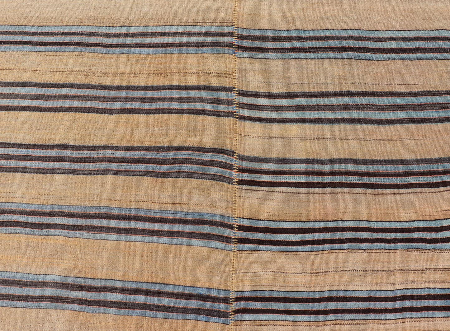 Turkish Vintage Kilim Flat - Weave Rug in Brown, Blue and Cream with Stripe Design. Keivan Woven Arts / rug EN - 13206 - 13207, country of origin / type: Turkey / Kilim, circa 1950 Measures: 5'3 x 12'4 This vintage striped design Turkish Kilim ren... - Keivan Woven ArtsEN - 13206 - 13207 - 23888Rug