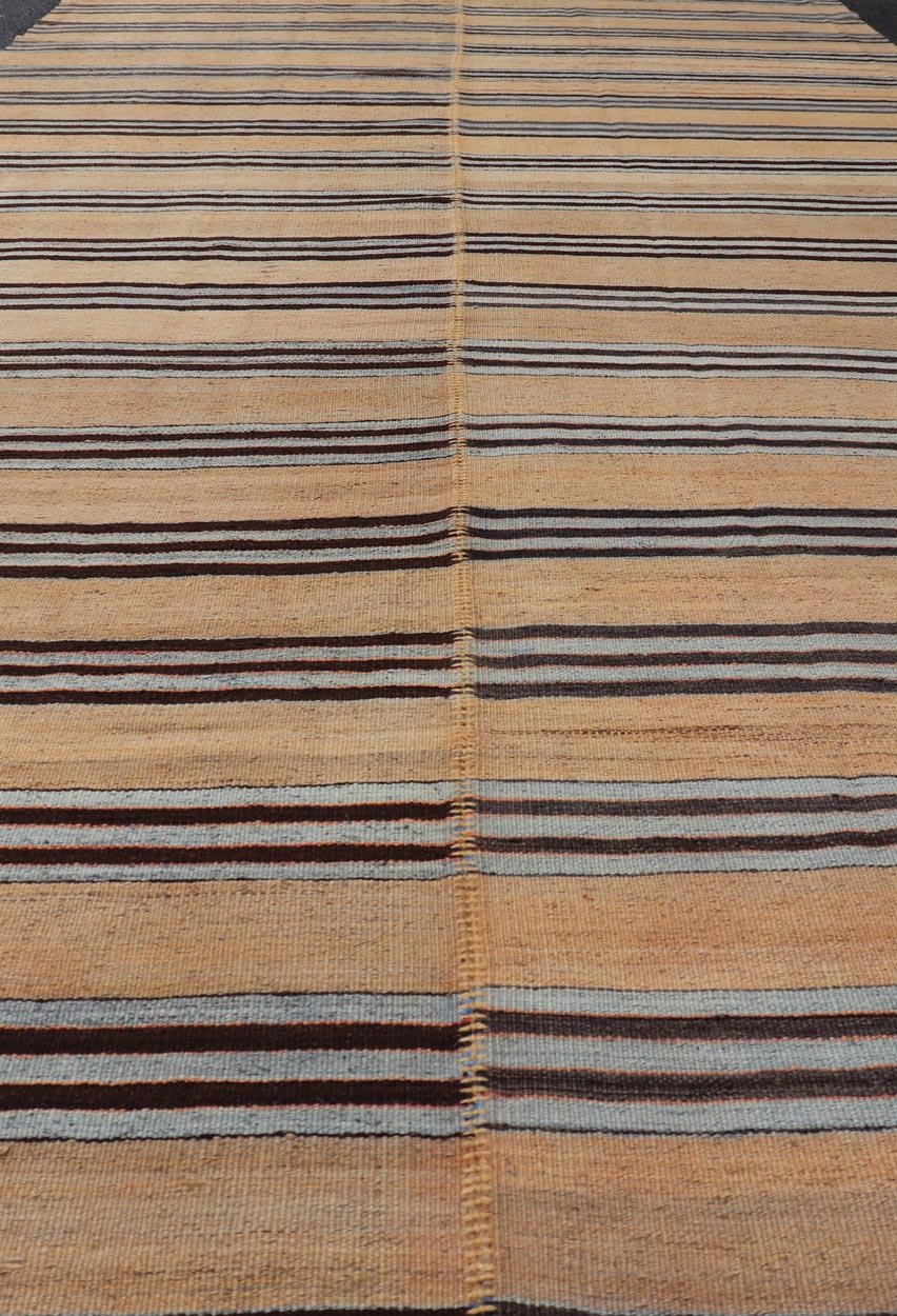 Turkish Vintage Kilim Flat - Weave Rug in Brown, Blue and Cream with Stripe Design. Keivan Woven Arts / rug EN - 13206 - 13207, country of origin / type: Turkey / Kilim, circa 1950 Measures: 5'3 x 12'4 This vintage striped design Turkish Kilim ren... - Keivan Woven ArtsEN - 13206 - 13207 - 23888Rug