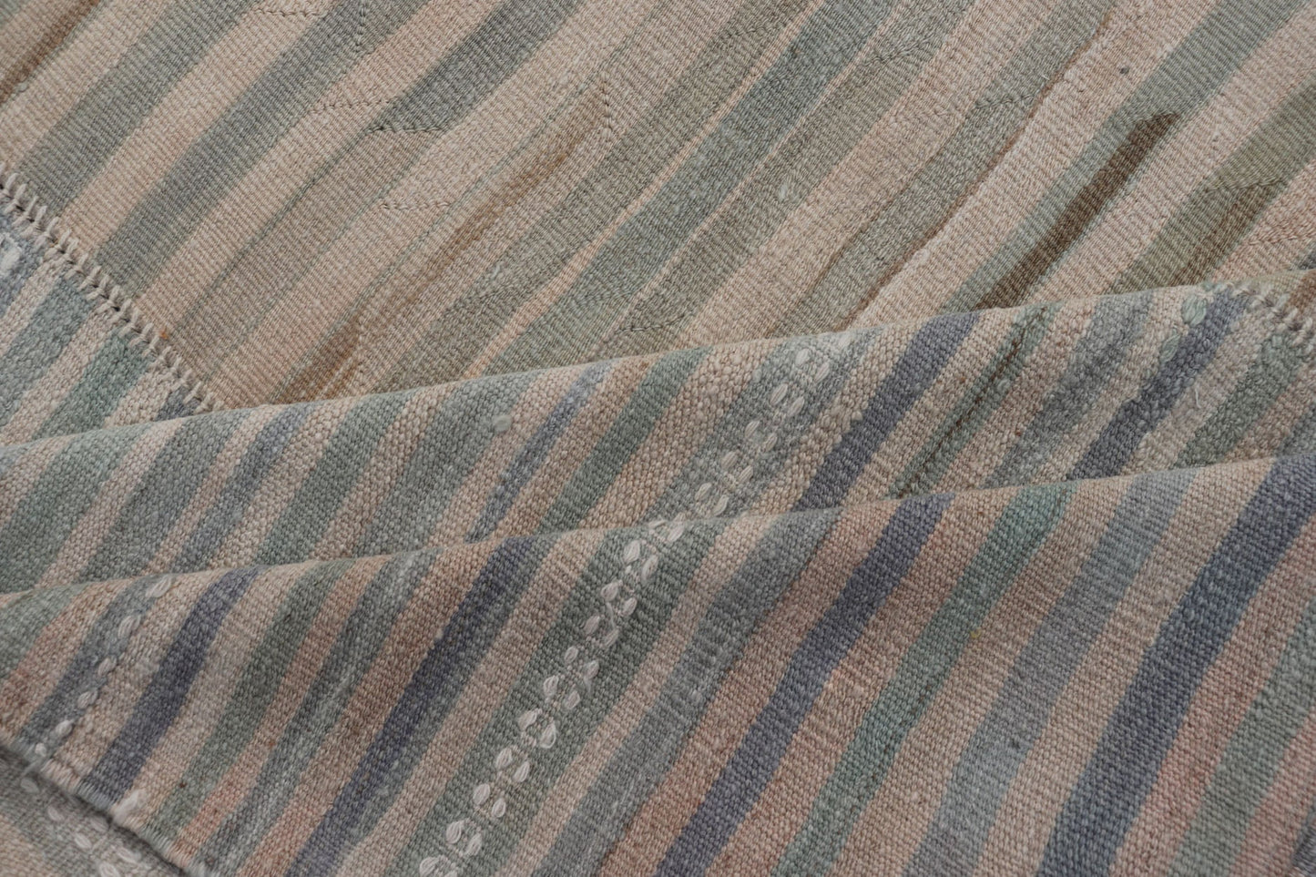 Measures: 9'9 x 16'6 Large Paneled Vintage Turkish Striped Kilim Rug in Soft Muted Colors. Keivan Woven Arts / Rug/EN - 13209, country of origin / type: Turkey / Kilim, circa 1950 Woven during the early - 20th century in Turkey, this Kilim is de... - Keivan Woven ArtsEN - 13209 - 22692Rug