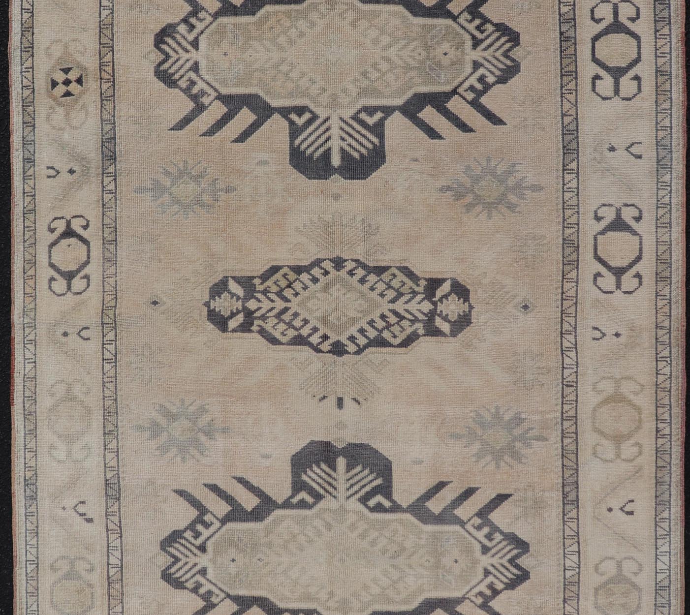Vintage Oushak Rug from Turkey with Navy Blue and Floral Medallion's. Keivan Woven Arts / rug/EN - 13264, country of origin / type: Turkey / Oushak, circa 1950. Measures: 4'7 x 7'0 This vintage Turkish Oushak rug features a faint, etched medallion... - Keivan Woven ArtsEN - 13264 - 23096Rug