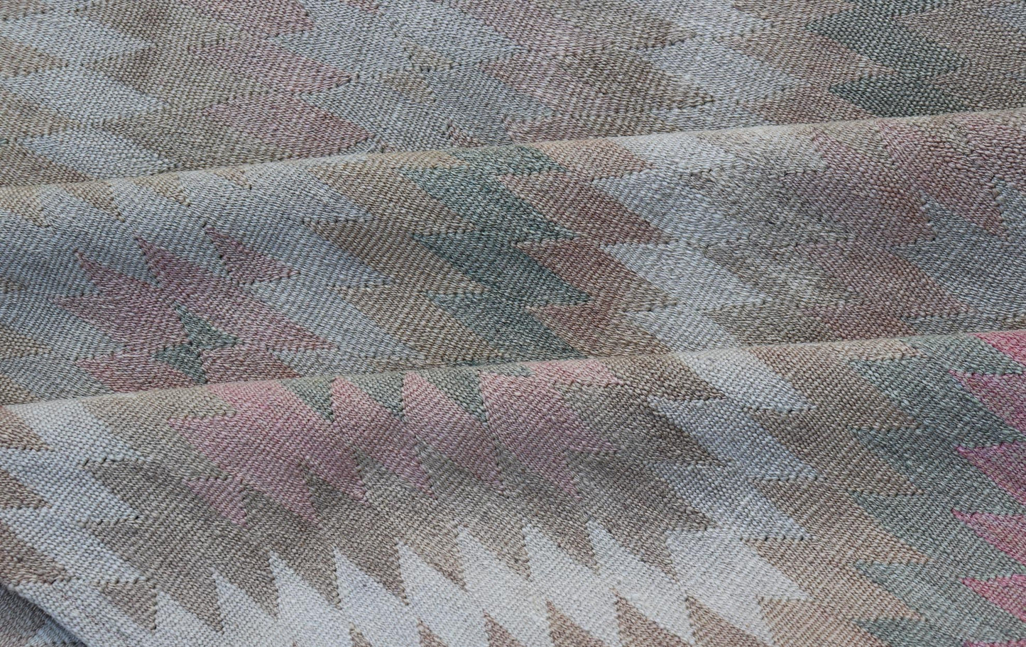 Measures: 8'0 x 11'0 Vintage Turkish Flat Weave Rug with Geometric Diamond Design in Green and Pink. Keivan Woven Arts / rug EN - 13440, country of origin / type: Turkey / Kilim, circa 1950. This geometric Kilim from Turkey bears a repeating l... - Keivan Woven ArtsEN - 13440 - 21621Rug