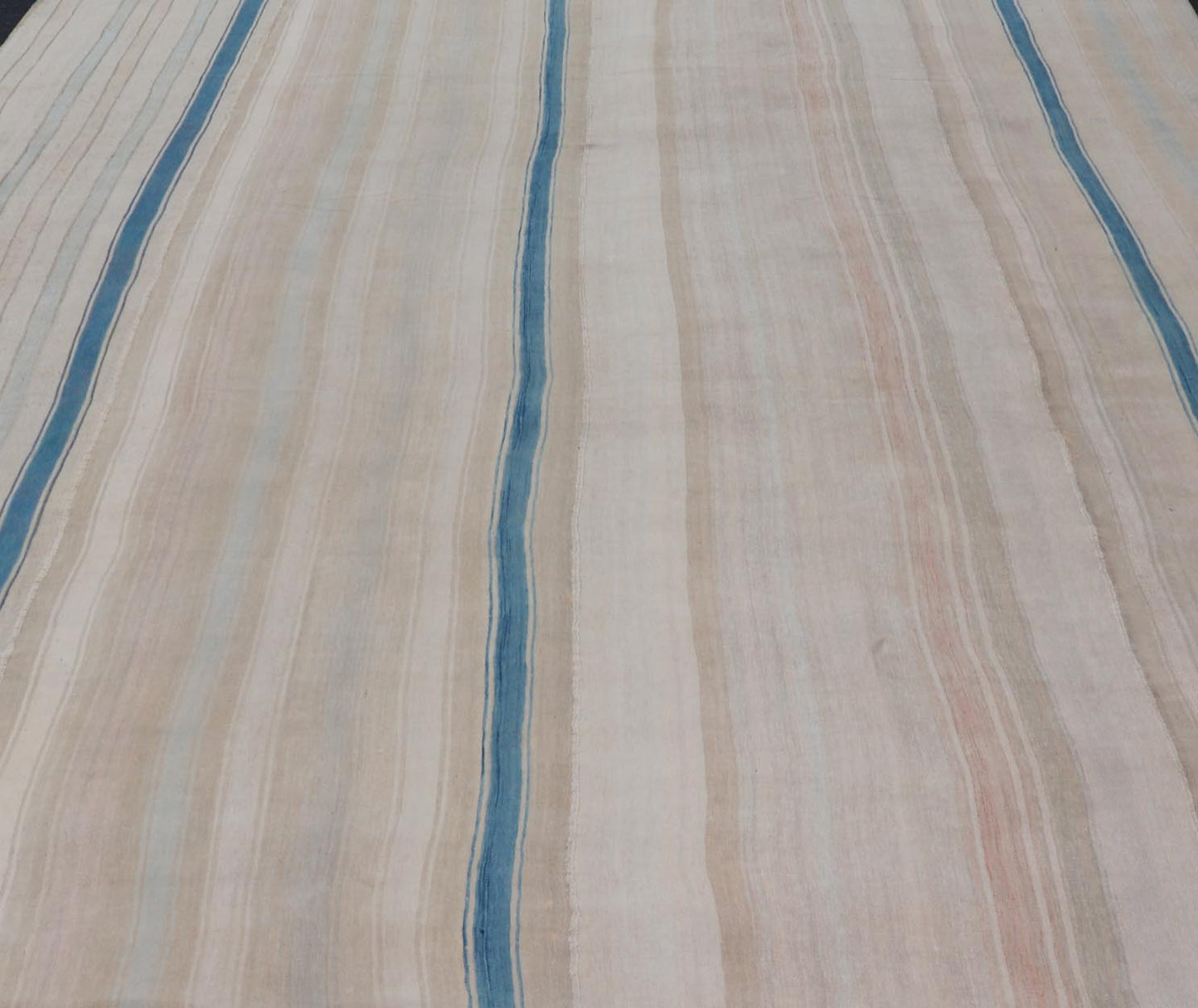 Vintage Turkish Kilim Rug with Soft Beige and Blue Stripes - Keivan Woven ArtsEN - 13651Rug
