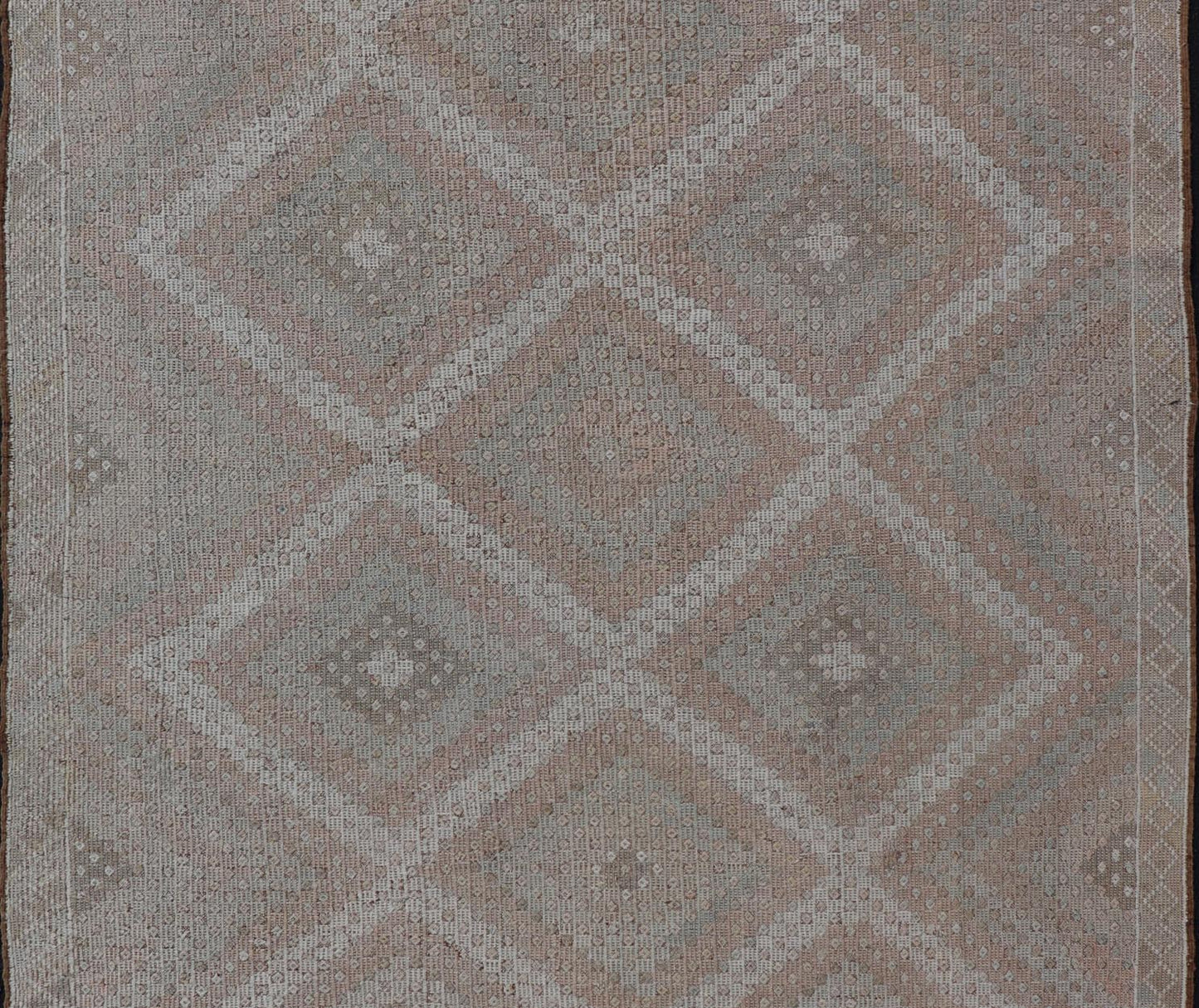 Vintage Turkish Embroidered Rug with Geometric Diamond Design with Soft Colors Embroidered vintage rug from Turkey in shades of tan, light green, light red, and cream with geometric pattern, Keivan Woven Arts / rug EN - 13652, country of origin / ... - Keivan Woven ArtsEN - 13652 - 18830Rug