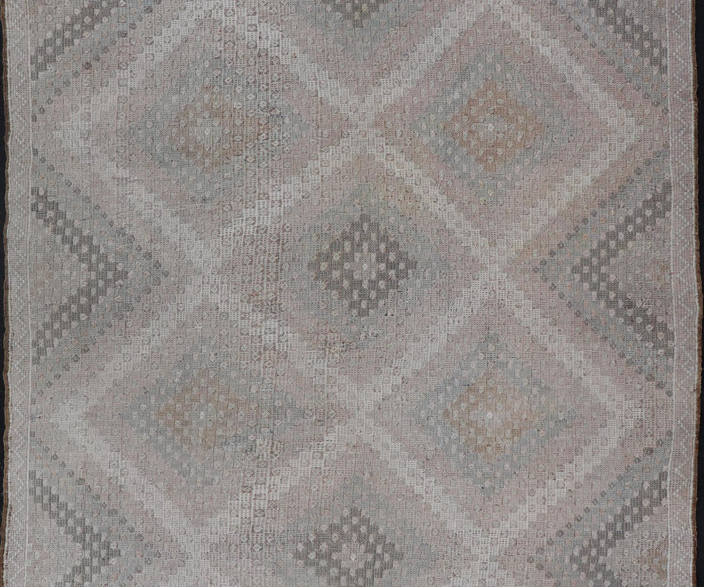 Vintage Turkish Flat - Weave Embroidered Rug with Geometric Diamond Design Embroidered vintage flat weave rug from Turkey in shades of tan, taupe, gray cream and neutrals with geometric pattern, Keivan Woven Arts / rug EN - 13653, country of origin ... - Keivan Woven ArtsEN - 13653 - 19256