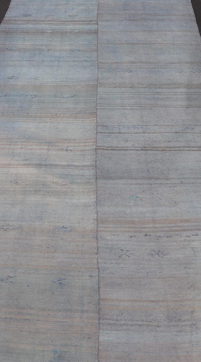 Vintage Turkish Kilim Gallery Runner with Subtle Pastel Blue and Beige Stripes - Keivan Woven ArtsEN - 13762Rug