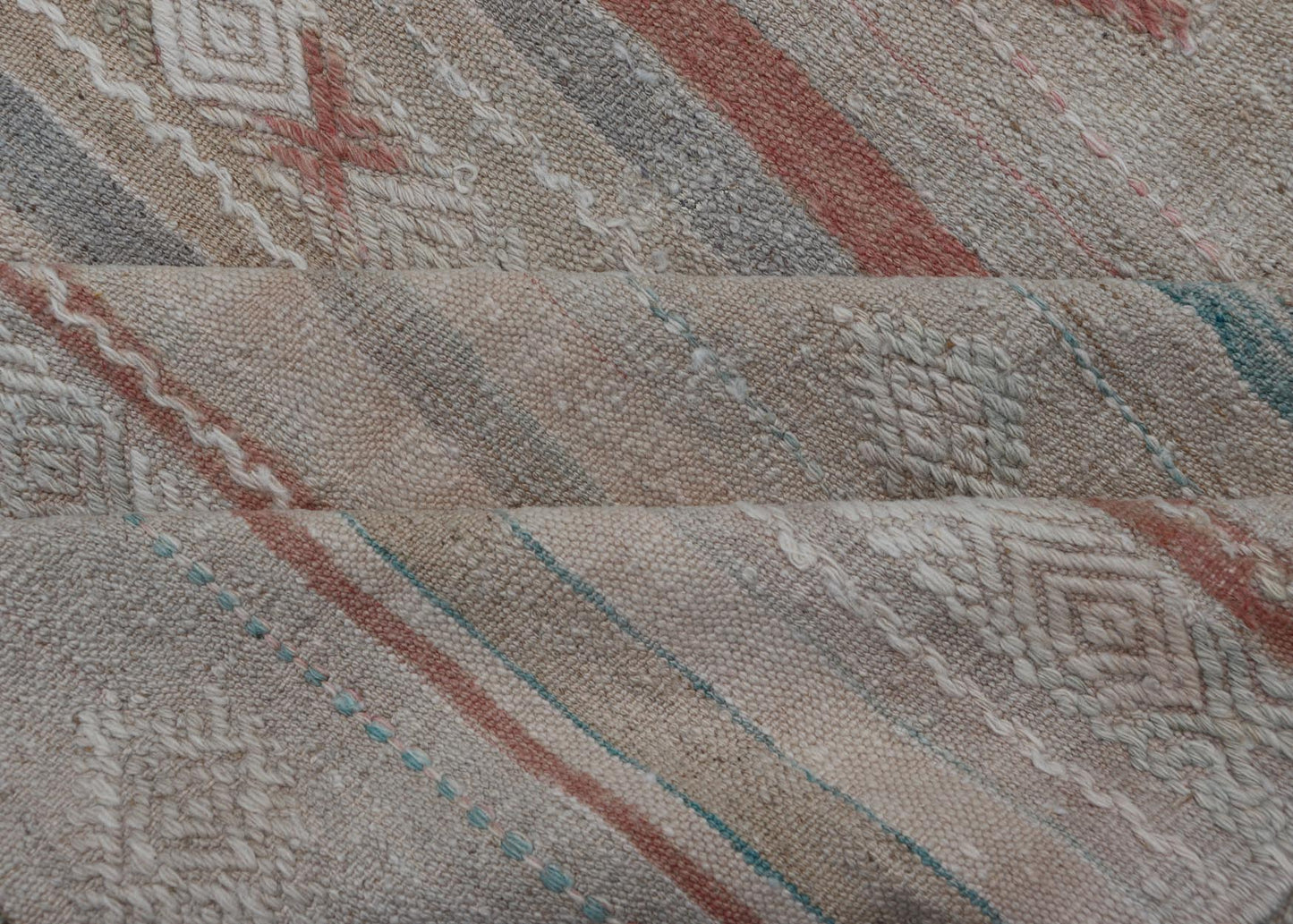 Turkish Flat - Weave Embroideries Kilim in Taupe, Green, Teal, Cream, and Brown Vintage flat - weave Kilim with embroideries with a modern design in tan, brown, green and cream. geometric stripe design Vintage Kilim from Turkey, Keivan Woven Art... - Keivan Woven ArtsEN - 13957 - 18854