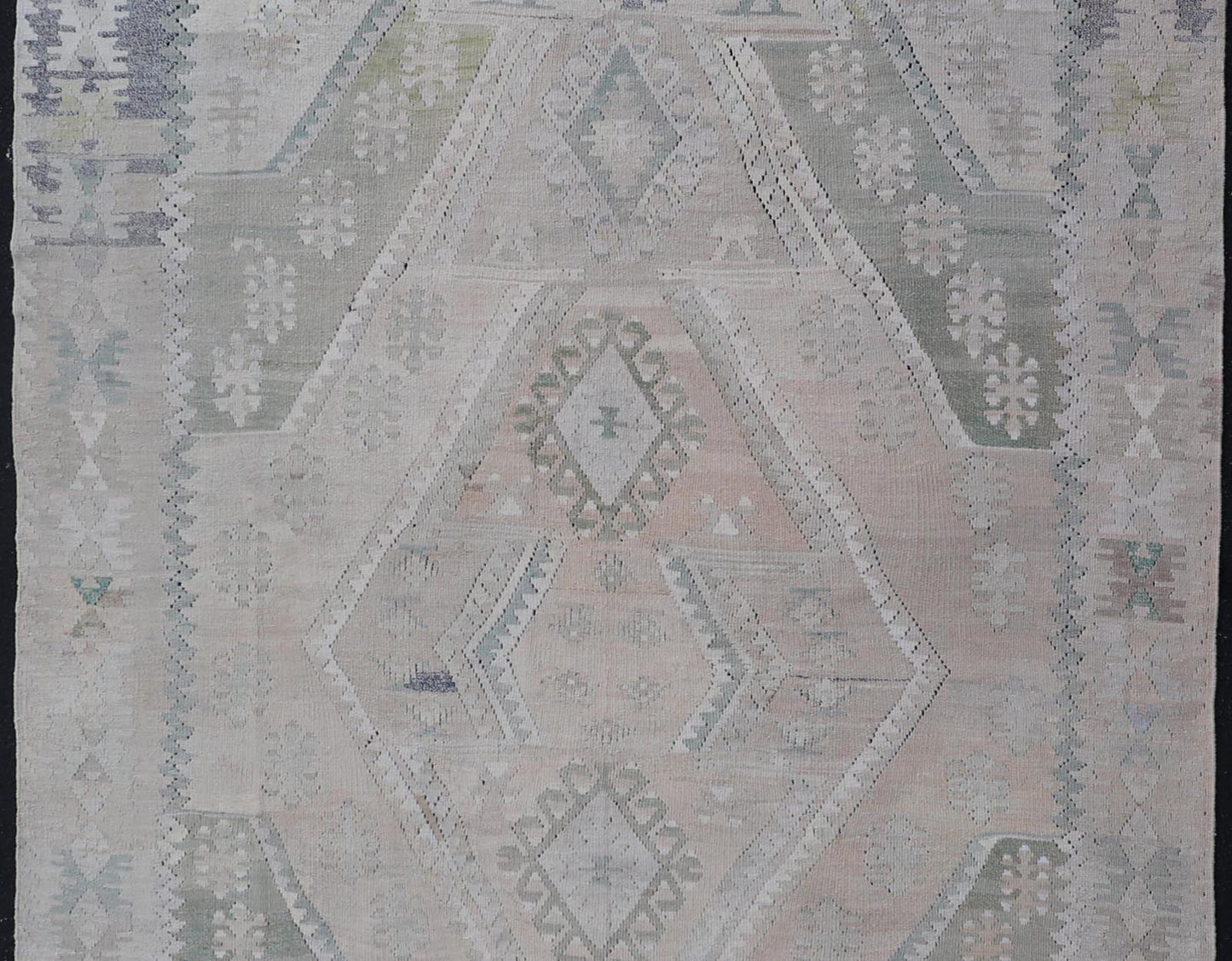 Vintage Hand - Woven Turkish Kilim in Wool with Medallion Sub - Geometric Design This flat - weave tribal Turkish kilim has been hand - woven in wool. The rug features an all - over sub - geometric medallion design, rendered in greens, blues and neutra... - Keivan Woven ArtsEN - 13963 - 19496