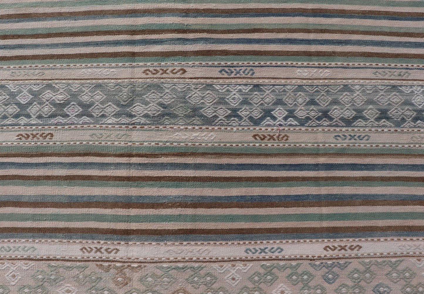 Measures: 5'7 x 9'9 Turkish Flat - Weave Kilim with Stripes and Embroideries In Blue, Green, and Cream. Keivan Woven Arts / rug EN - 13966, country of origin / type: Turkey / Kilim, circa 1950 This vintage Turkish Kilim rug features a contempora... - Keivan Woven ArtsEN - 13966 - 22704Rug