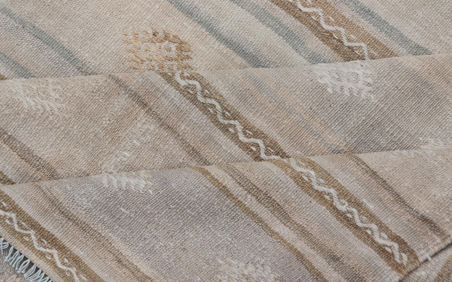 Turkish Flat - Weave Embroideries Kilim in Tan, Taupe, Brown and A Soft Blue Vintage flat - weave Kilim with embroideries with a modern design in tan, brown, and blue geometric stripe design Vintage Kilim from Turkey, Keivan Woven Arts / rug EN - 1... - Keivan Woven ArtsEN - 13979 - 19118Rug