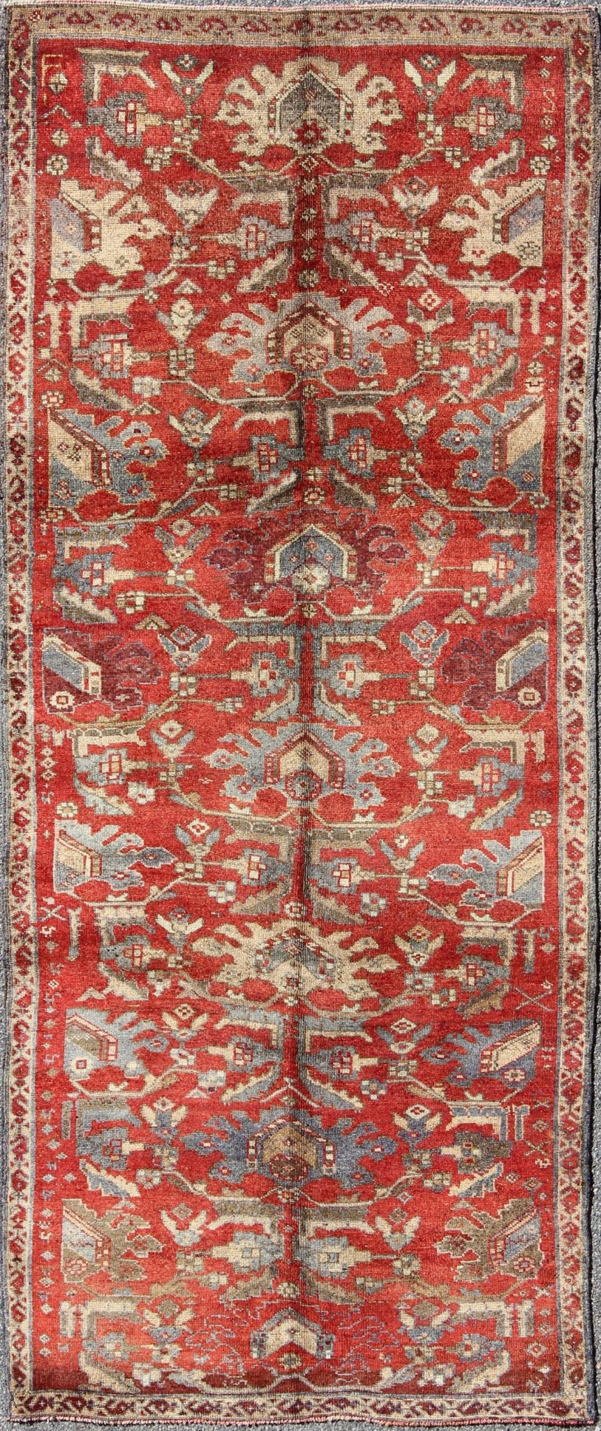 Red Turkish Oushak with Flowing Tribal Design in Red, Blue, and Gray This vintage Oushak rug features an intricate and complex design paired with a unique color combination. Flowing tribal motifs spread across the central field and are surrounde... - Keivan Woven ArtsEN - 140062 - 6027Rug
