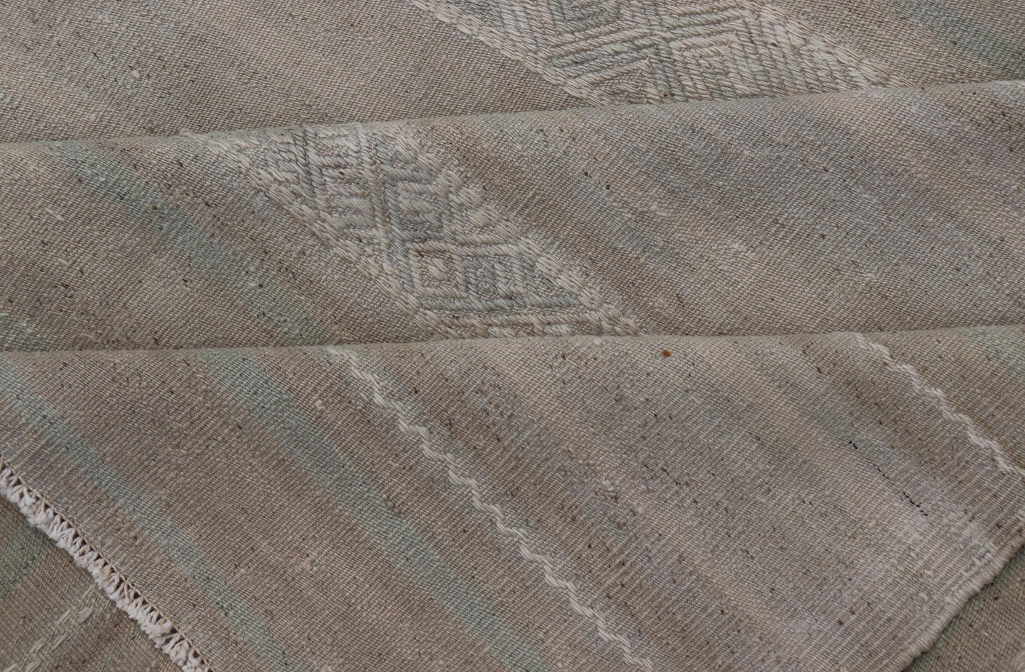 Turkish Flat - Weave Kilim in Muted Colors with Stripes and Embroideries. Country of Origin: Turkey; Type: Kilim; Design: Panel, Stripes, Embroider; Keivan Woven Arts: rug EN - 14009; Gallery Turkish Kilim Vintage Carpet. Measures: 5'5 x 8'6 This c... - Keivan Woven ArtsEN - 14009 - 23941Rug