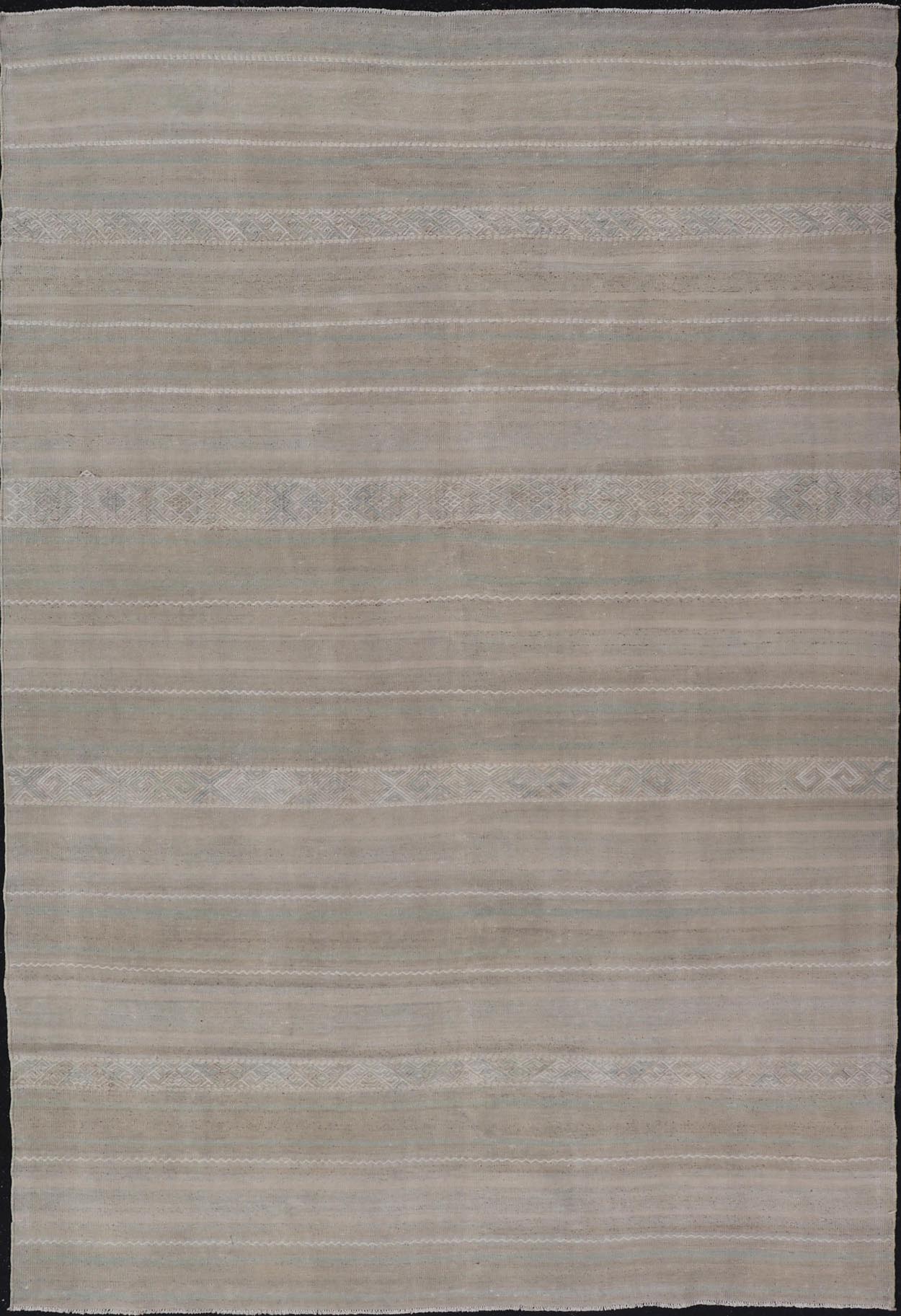 Turkish Flat - Weave Kilim in Muted Colors with Stripes and Embroideries. Country of Origin: Turkey; Type: Kilim; Design: Panel, Stripes, Embroider; Keivan Woven Arts: rug EN - 14009; Gallery Turkish Kilim Vintage Carpet. Measures: 5'5 x 8'6 This c... - Keivan Woven ArtsEN - 14009 - 23941Rug