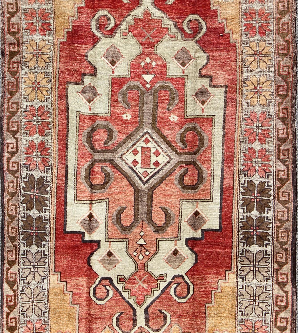 Vintage Turkish Oushak Rug with Geometric - Tribal Medallion in Red, Ivory & Gold This vintage Oushak rug features an intricate and complex design paired with a unique color combination. A geometric - tribal medallion spreads across the central fiel... - Keivan Woven ArtsEN - 140200 - 6037Rug