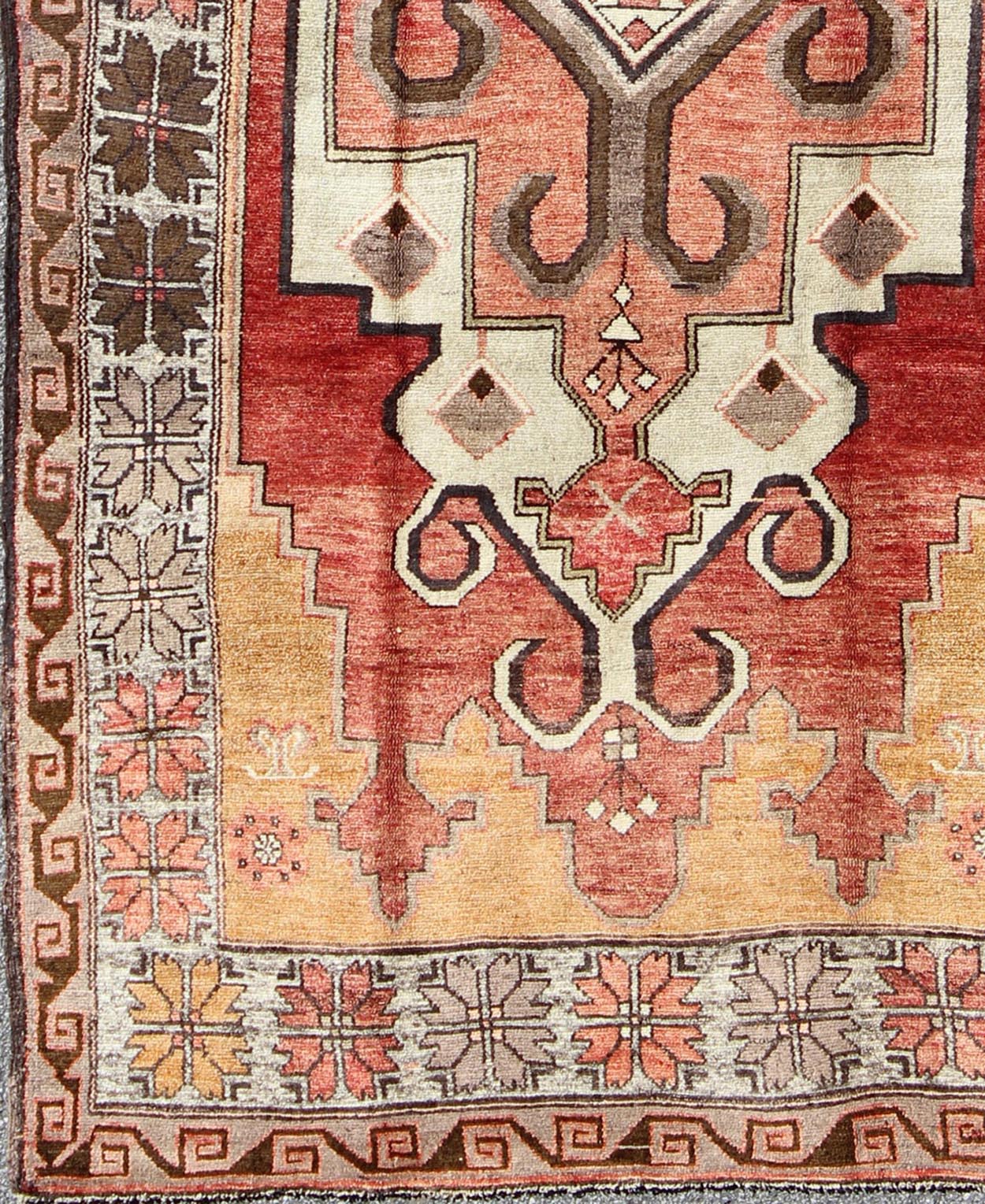 Vintage Turkish Oushak Rug with Geometric - Tribal Medallion in Red, Ivory & Gold This vintage Oushak rug features an intricate and complex design paired with a unique color combination. A geometric - tribal medallion spreads across the central fiel... - Keivan Woven ArtsEN - 140200 - 6037Rug