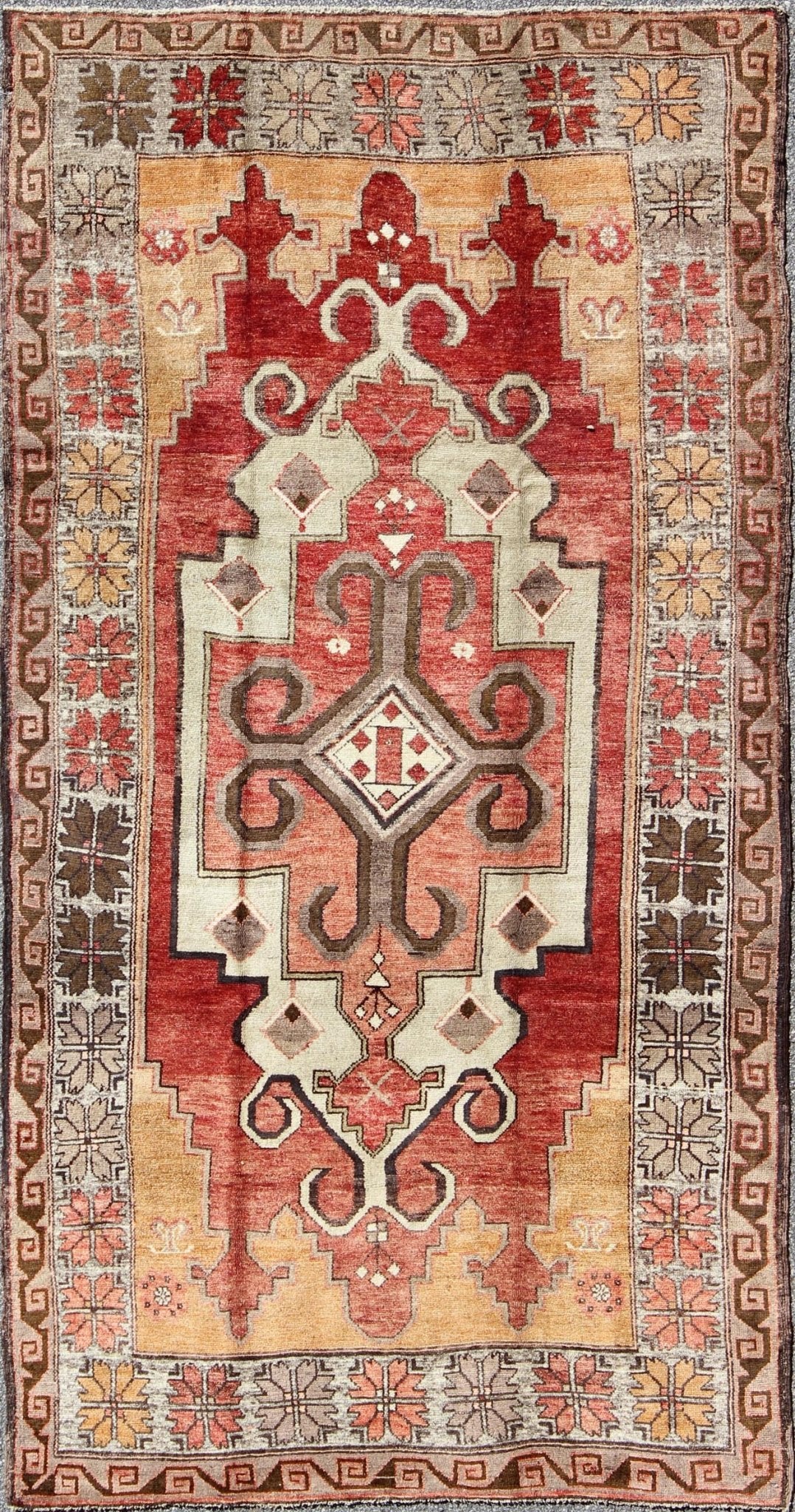 Vintage Turkish Oushak Rug with Geometric - Tribal Medallion in Red, Ivory & Gold This vintage Oushak rug features an intricate and complex design paired with a unique color combination. A geometric - tribal medallion spreads across the central fiel... - Keivan Woven ArtsEN - 140200 - 6037Rug