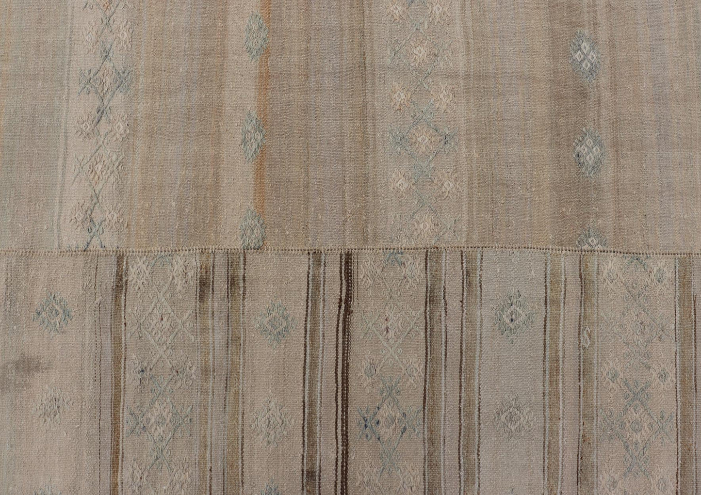 Measures: 10'4 x 11'3 Square Vintage Hand Woven Turkish Paneled Kilim Vintage Rug in Muted Colors. Keivan Woven Arts / rug EN - 14021 country of origin / type: Turkey / Kilim, circa mid - 20th century - Keivan Woven ArtsEN - 14021 - 21763Rug