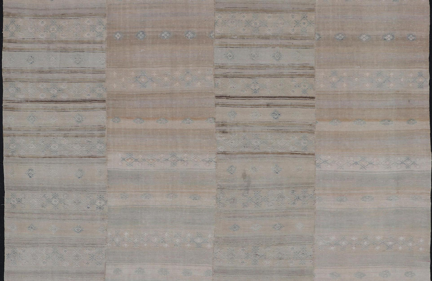 Measures: 10'4 x 11'3 Square Vintage Hand Woven Turkish Paneled Kilim Vintage Rug in Muted Colors. Keivan Woven Arts / rug EN - 14021 country of origin / type: Turkey / Kilim, circa mid - 20th century - Keivan Woven ArtsEN - 14021 - 21763Rug