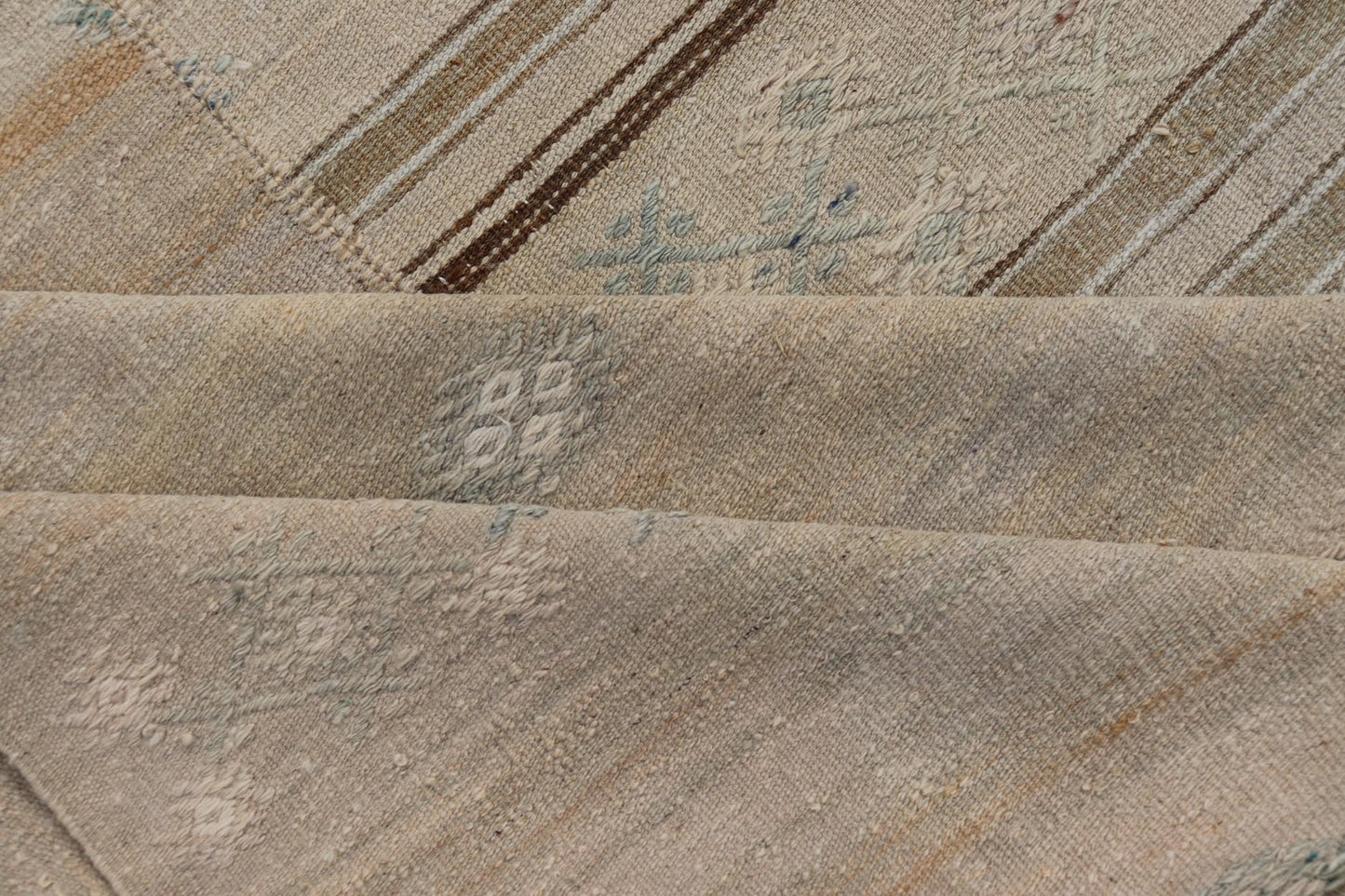 Measures: 10'4 x 11'3 Square Vintage Hand Woven Turkish Paneled Kilim Vintage Rug in Muted Colors. Keivan Woven Arts / rug EN - 14021 country of origin / type: Turkey / Kilim, circa mid - 20th century - Keivan Woven ArtsEN - 14021 - 21763Rug