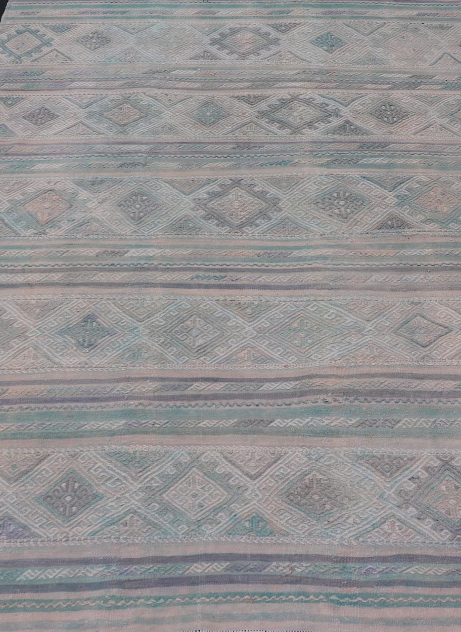Turkish Vintage Kilim Flat - Weave with Embroideries Kilim in Pastel Color. geometric stripe design Vintage Kilim from Turkey, Keivan Woven Arts / rug EN - 14029, country of origin / type: Turkey / Kilim, circa 1950 Measures: 5'4 x 7'7 - Keivan Woven ArtsEN - 14029 - 23947Rug