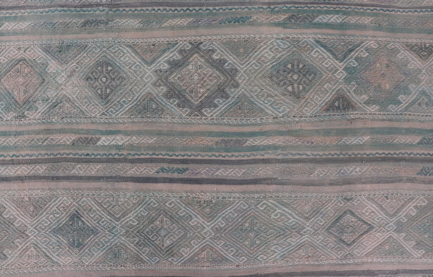 Turkish Vintage Kilim Flat - Weave with Embroideries Kilim in Pastel Color. geometric stripe design Vintage Kilim from Turkey, Keivan Woven Arts / rug EN - 14029, country of origin / type: Turkey / Kilim, circa 1950 Measures: 5'4 x 7'7 - Keivan Woven ArtsEN - 14029 - 23947Rug