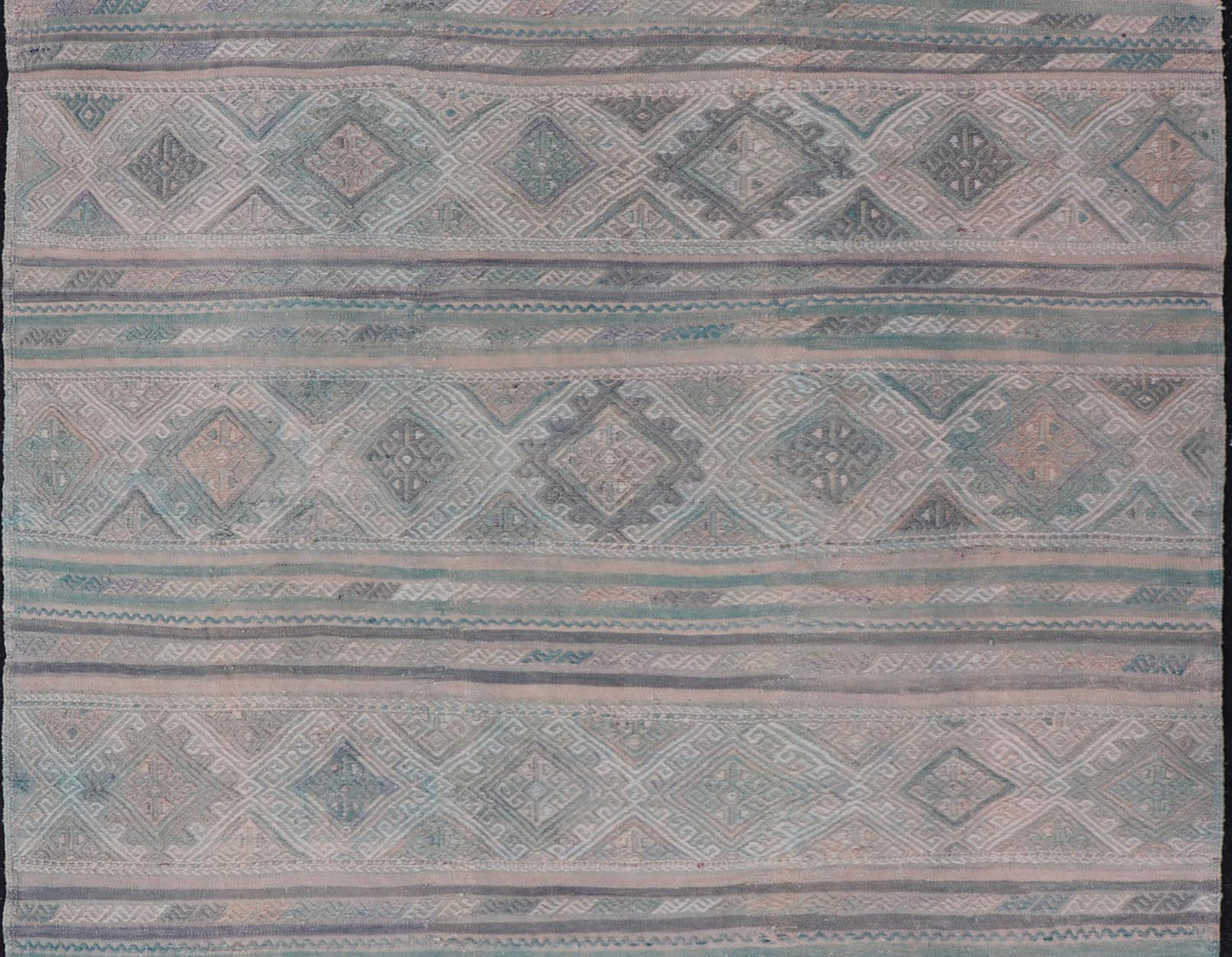 Turkish Vintage Kilim Flat - Weave with Embroideries Kilim in Pastel Color. geometric stripe design Vintage Kilim from Turkey, Keivan Woven Arts / rug EN - 14029, country of origin / type: Turkey / Kilim, circa 1950 Measures: 5'4 x 7'7 - Keivan Woven ArtsEN - 14029 - 23947Rug