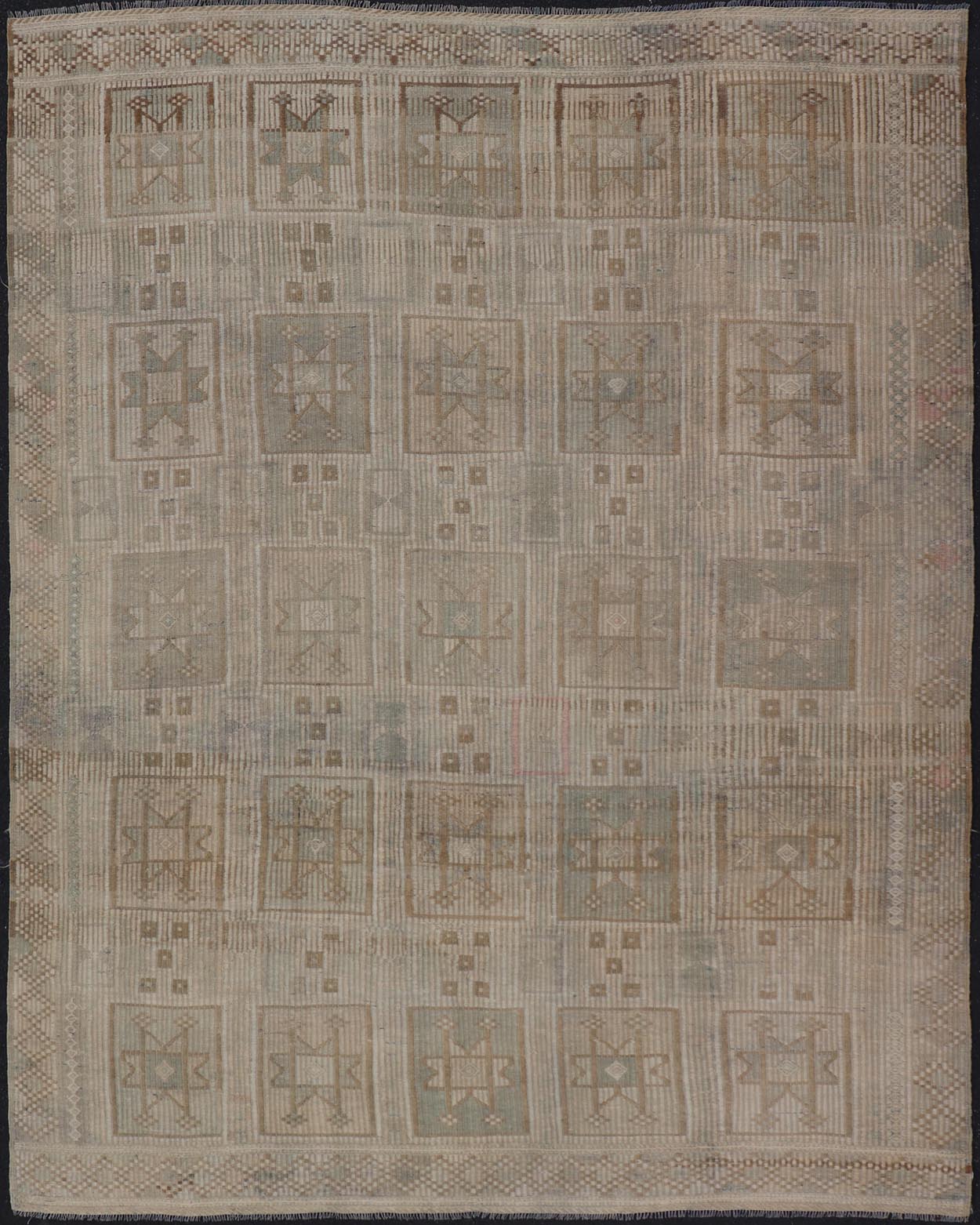 Vintage Turkish Embroidered Square Designed Kilim in Tan, Cream, and Light Green. Keivan Woven Arts / rug/EN - 14030, country of origin / type: Turkey / Kilim, circa 1950 Measures: 7'6 x 9'5 This Embroidered kilim rug from Turkey features an all - o... - Keivan Woven ArtsEN - 14030 - 23732Rug
