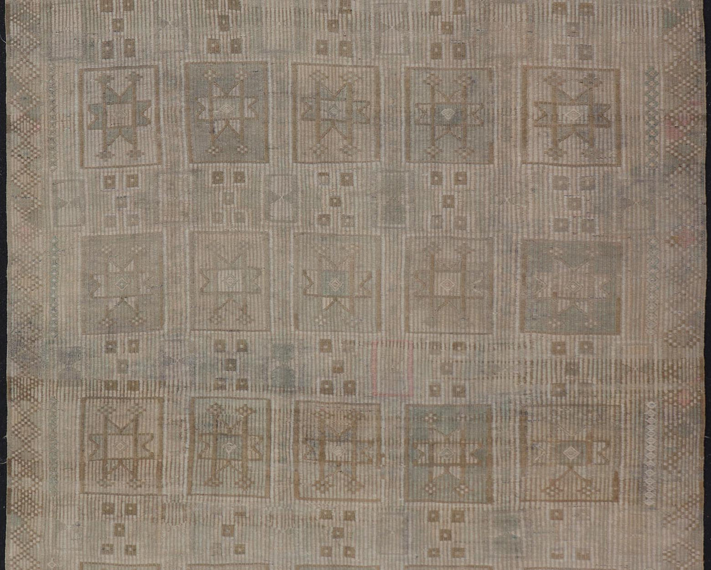 Vintage Turkish Embroidered Square Designed Kilim in Tan, Cream, and Light Green. Keivan Woven Arts / rug/EN - 14030, country of origin / type: Turkey / Kilim, circa 1950 Measures: 7'6 x 9'5 This Embroidered kilim rug from Turkey features an all - o... - Keivan Woven ArtsEN - 14030 - 23732Rug