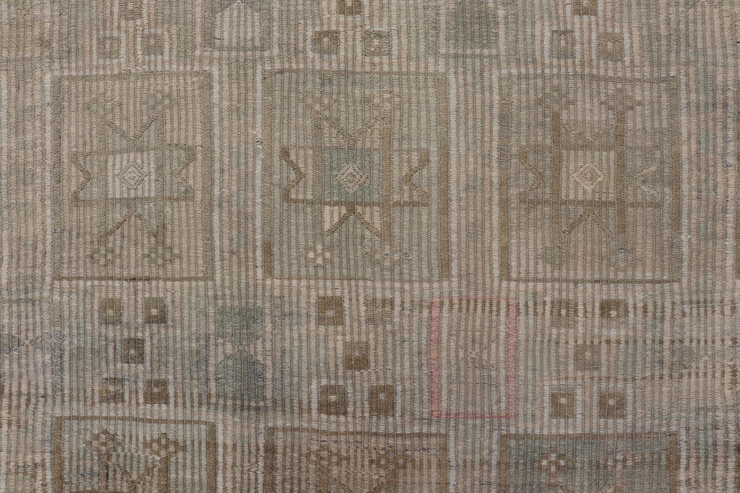 Vintage Turkish Embroidered Square Designed Kilim in Tan, Cream, and Light Green. Keivan Woven Arts / rug/EN - 14030, country of origin / type: Turkey / Kilim, circa 1950 Measures: 7'6 x 9'5 This Embroidered kilim rug from Turkey features an all - o... - Keivan Woven ArtsEN - 14030 - 23732Rug