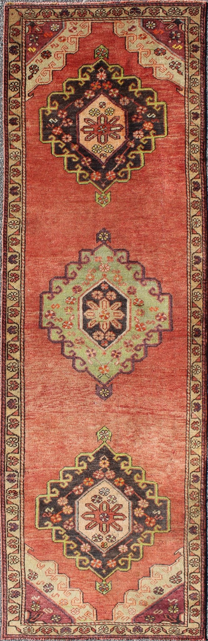Orange Multi - Medallion Vintage Turkish Oushak Runner with Sub - Geometric Florals, rug en - 140345, country of origin / type: Turkey / Oushak, circa 1940 This vintage Oushak runner features a unique blend of cheerful colors and an intricately beauti... - Keivan Woven ArtsEN - 140345 - 6354Rug