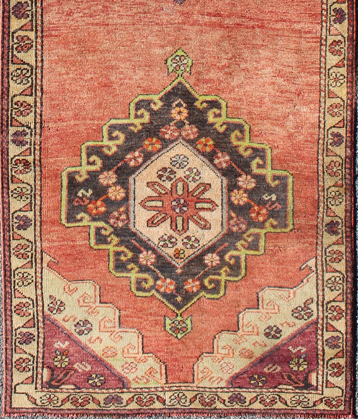 Orange Multi - Medallion Vintage Turkish Oushak Runner with Sub - Geometric Florals, rug en - 140345, country of origin / type: Turkey / Oushak, circa 1940 This vintage Oushak runner features a unique blend of cheerful colors and an intricately beauti... - Keivan Woven ArtsEN - 140345 - 6354Rug