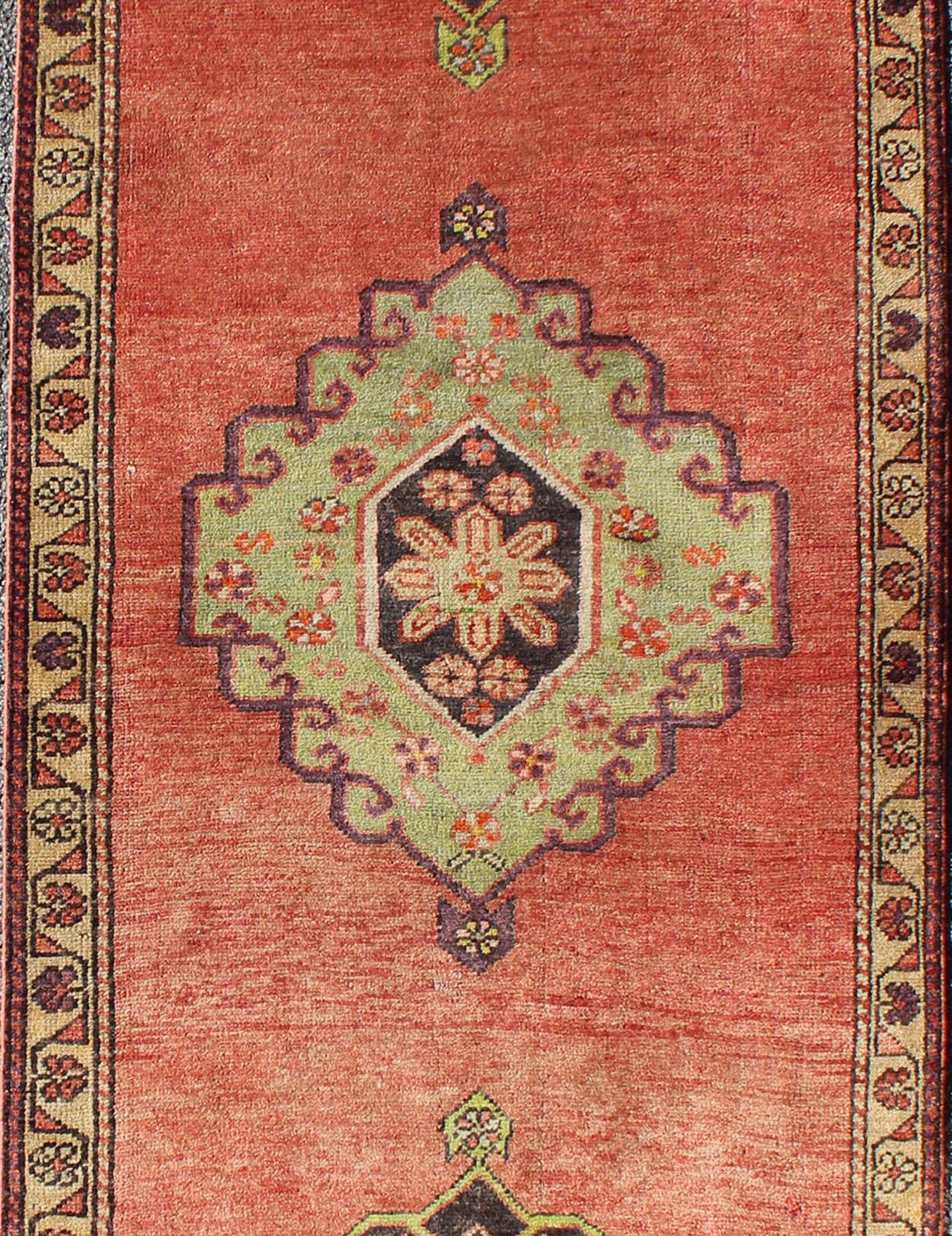 Orange Multi - Medallion Vintage Turkish Oushak Runner with Sub - Geometric Florals, rug en - 140345, country of origin / type: Turkey / Oushak, circa 1940 This vintage Oushak runner features a unique blend of cheerful colors and an intricately beauti... - Keivan Woven ArtsEN - 140345 - 6354Rug