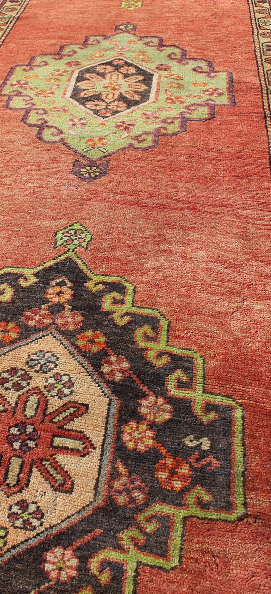Orange Multi - Medallion Vintage Turkish Oushak Runner with Sub - Geometric Florals, rug en - 140345, country of origin / type: Turkey / Oushak, circa 1940 This vintage Oushak runner features a unique blend of cheerful colors and an intricately beauti... - Keivan Woven ArtsEN - 140345 - 6354Rug