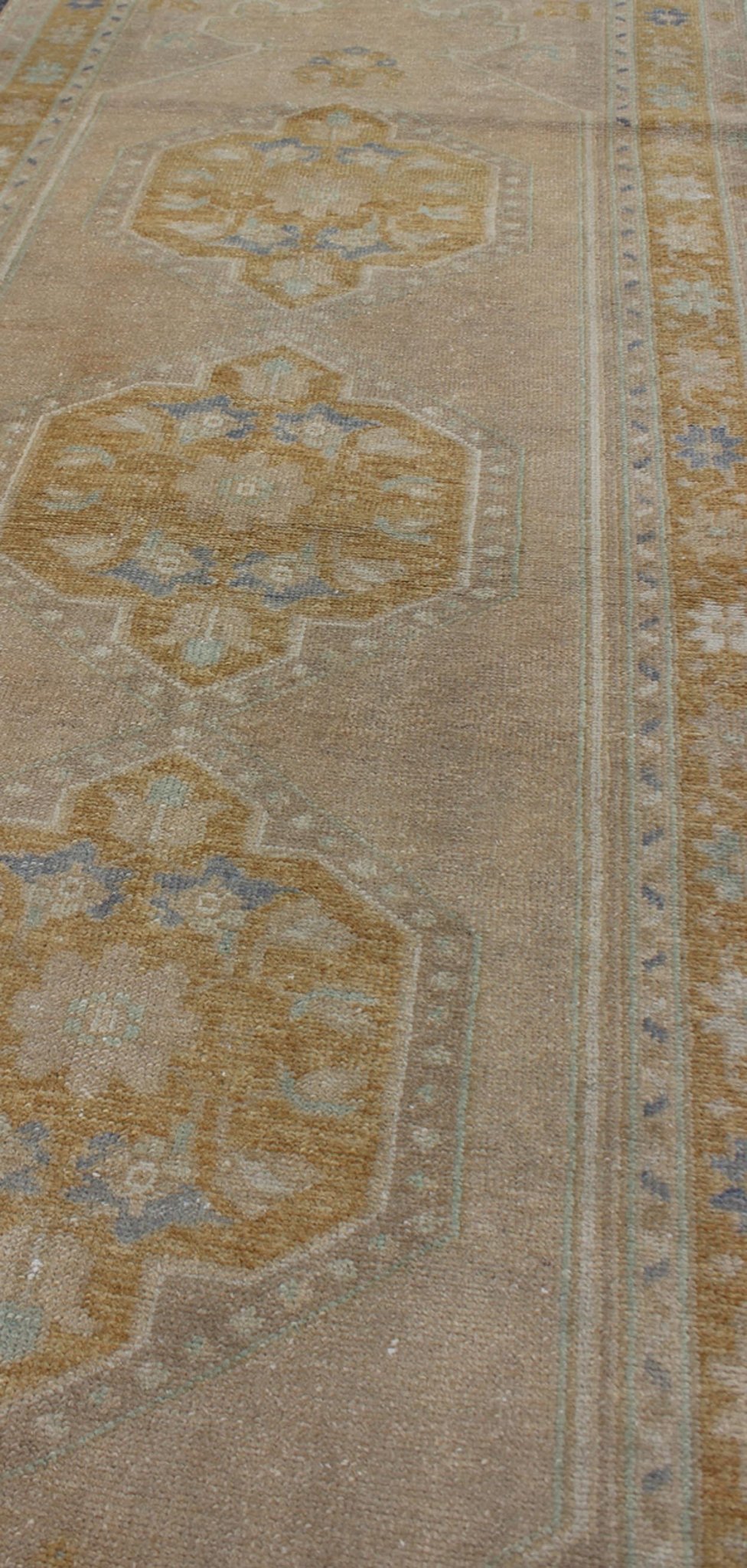Acid green and gray vintage Turkish Oushak runner with floral medallions, rug en - 140350, country of origin / type: Turkey / Oushak, circa 1940. This vintage Oushak runner features a unique blend of cheerful colors and an intricately beautiful de... - Keivan Woven ArtsEN - 140350 - 5634Rug