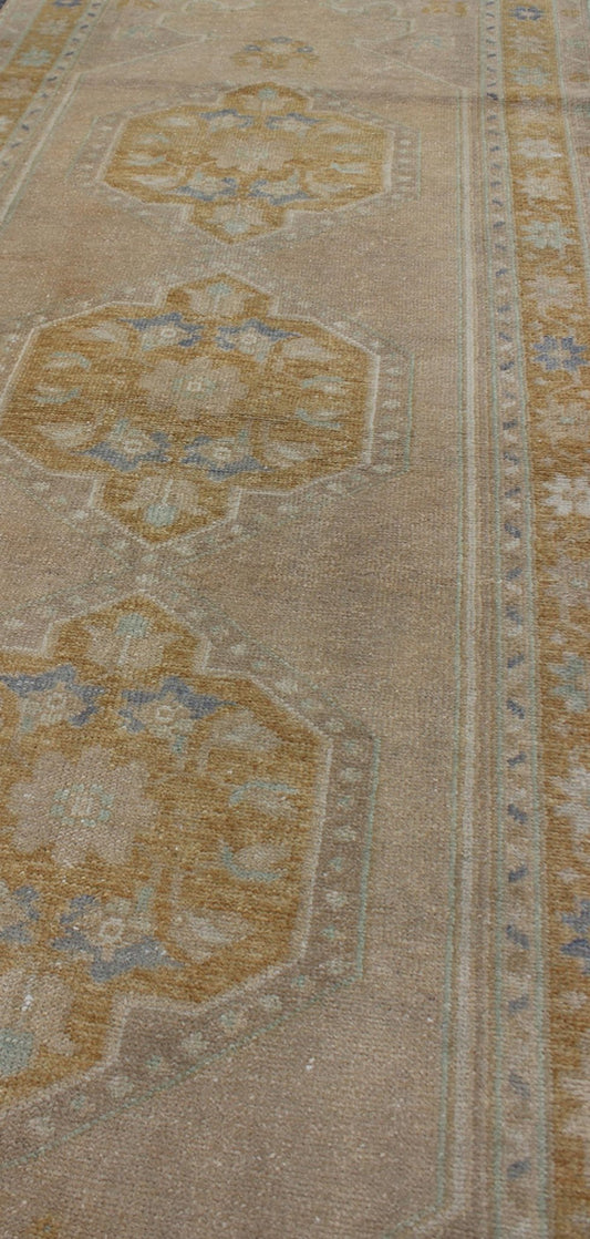 Acid green and gray vintage Turkish Oushak runner with floral medallions, rug en - 140350, country of origin / type: Turkey / Oushak, circa 1940. This vintage Oushak runner features a unique blend of cheerful colors and an intricately beautiful de... - Keivan Woven ArtsEN - 140350 - 5634