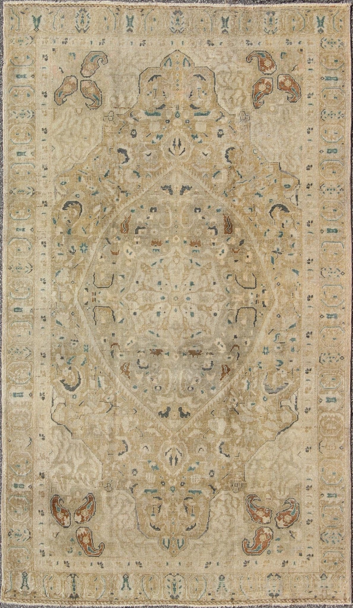 Very Fine Turkish Sivas Rug with Classic Design in Neutrals, Camel and Green Measures: 5'8 x 9'6. This magnificent and astounding fine weave Sivas showcases 17th Century Ottoman Empire artistry, boasting marvelous details and a grand central med... - Keivan Woven ArtsEN - 140403 - 5644Rug
