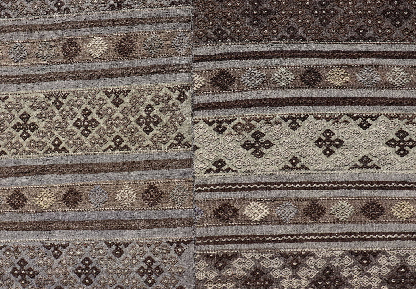 Measures: 10'10 x 11'6 Large Vintage Flat - Woven Turkish Paneled Kilim Rug in Wool with Stripe Design. Keivan Woven Arts; rug EN - 14041, country of origin / type: Turkey / Kilim, circa 1950. This flat - weave tribal Turkish kilim has been hand - w... - Keivan Woven ArtsEN - 14041 - 22950Rug