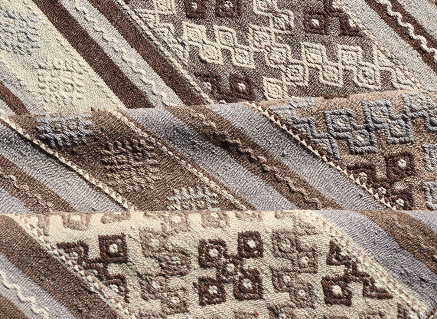 Measures: 10'10 x 11'6 Large Vintage Flat - Woven Turkish Paneled Kilim Rug in Wool with Stripe Design. Keivan Woven Arts; rug EN - 14041, country of origin / type: Turkey / Kilim, circa 1950. This flat - weave tribal Turkish kilim has been hand - w... - Keivan Woven ArtsEN - 14041 - 22950Rug