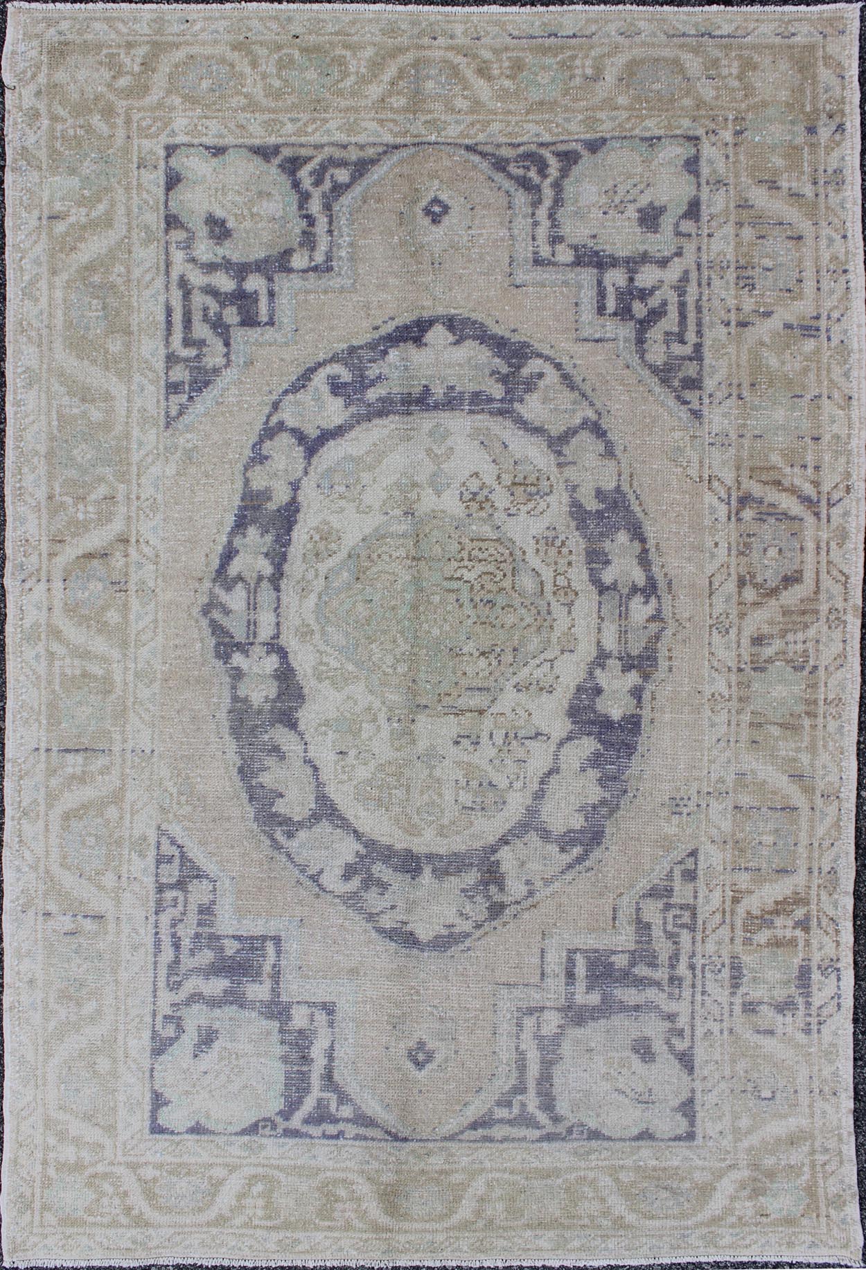 Vintage Medallion Oushak of Ottoman Design This unique medallion Oushak of Ottoman design displays a neutral color pallete with grey, cream, taupe, green and ivory tones. The bold design is softened by delicate and tone - on - tone colors. Measur... - Keivan Woven ArtsEN - 140476 - 6057Rug